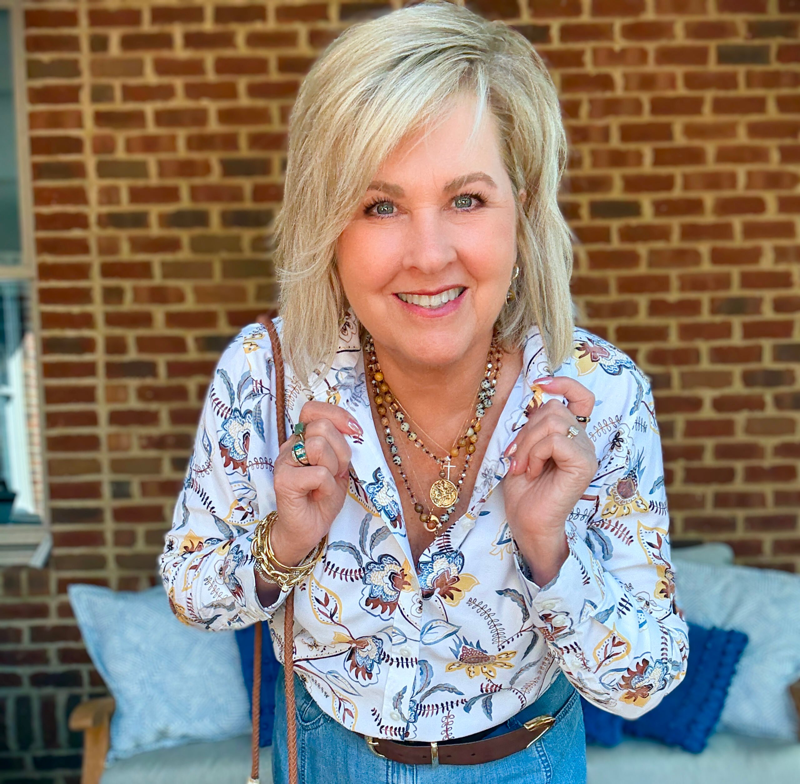 Tania Stephens wearing fall styles from Chico's - a no iron shirt with a jasper necklace