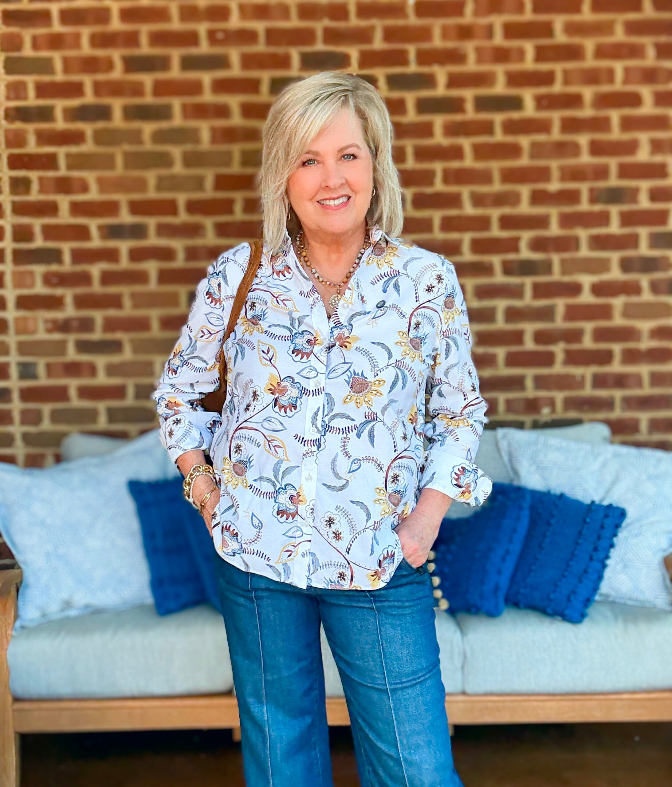 Tania Stephens wearing fall styles from Chico's - a no iron floral shirt