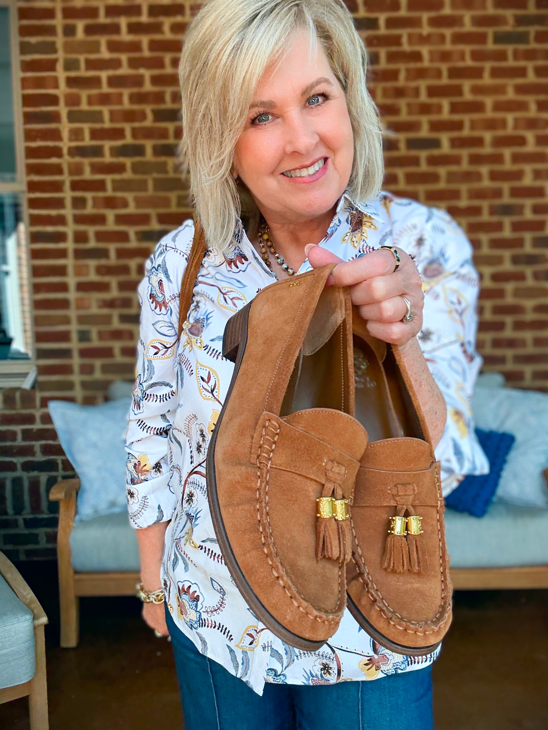 Tania Stephens wearing fall styles from Chico's - a no iron shirt and suede loafers