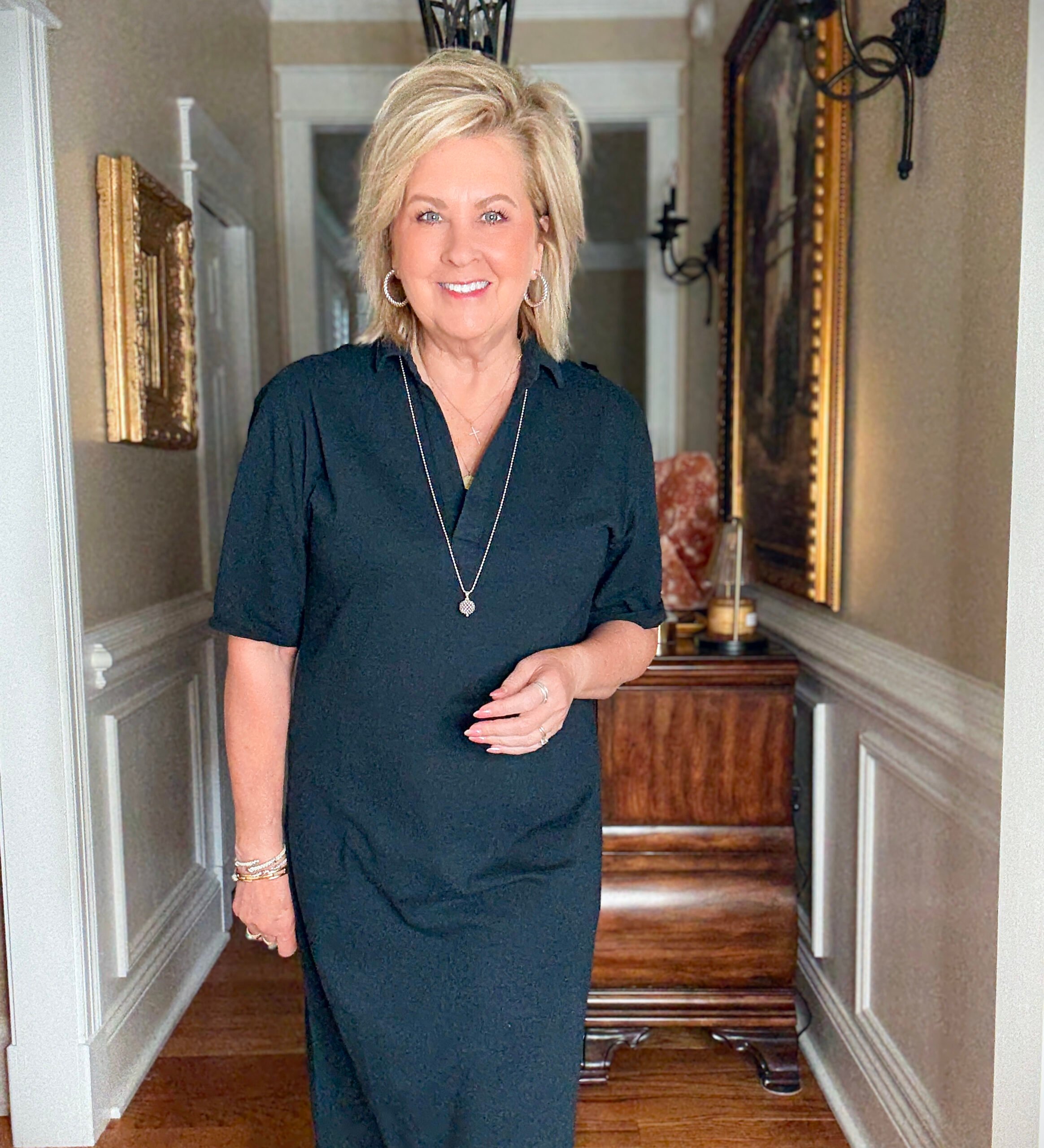 Tania Stephens in a navy t-shirt maxi dress 