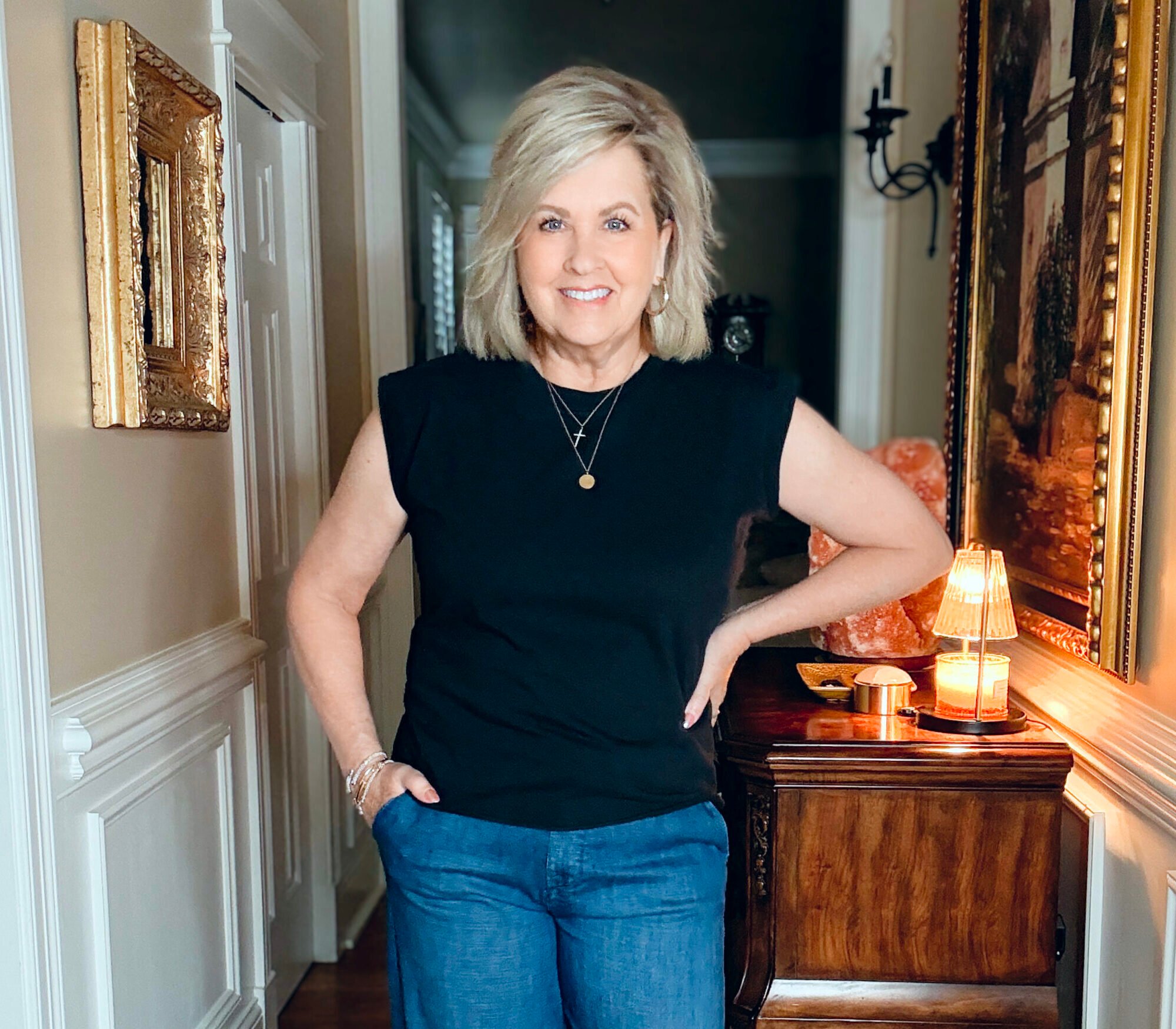 Tania Stephens in a black muscle t-shirt from Frank & Eileen