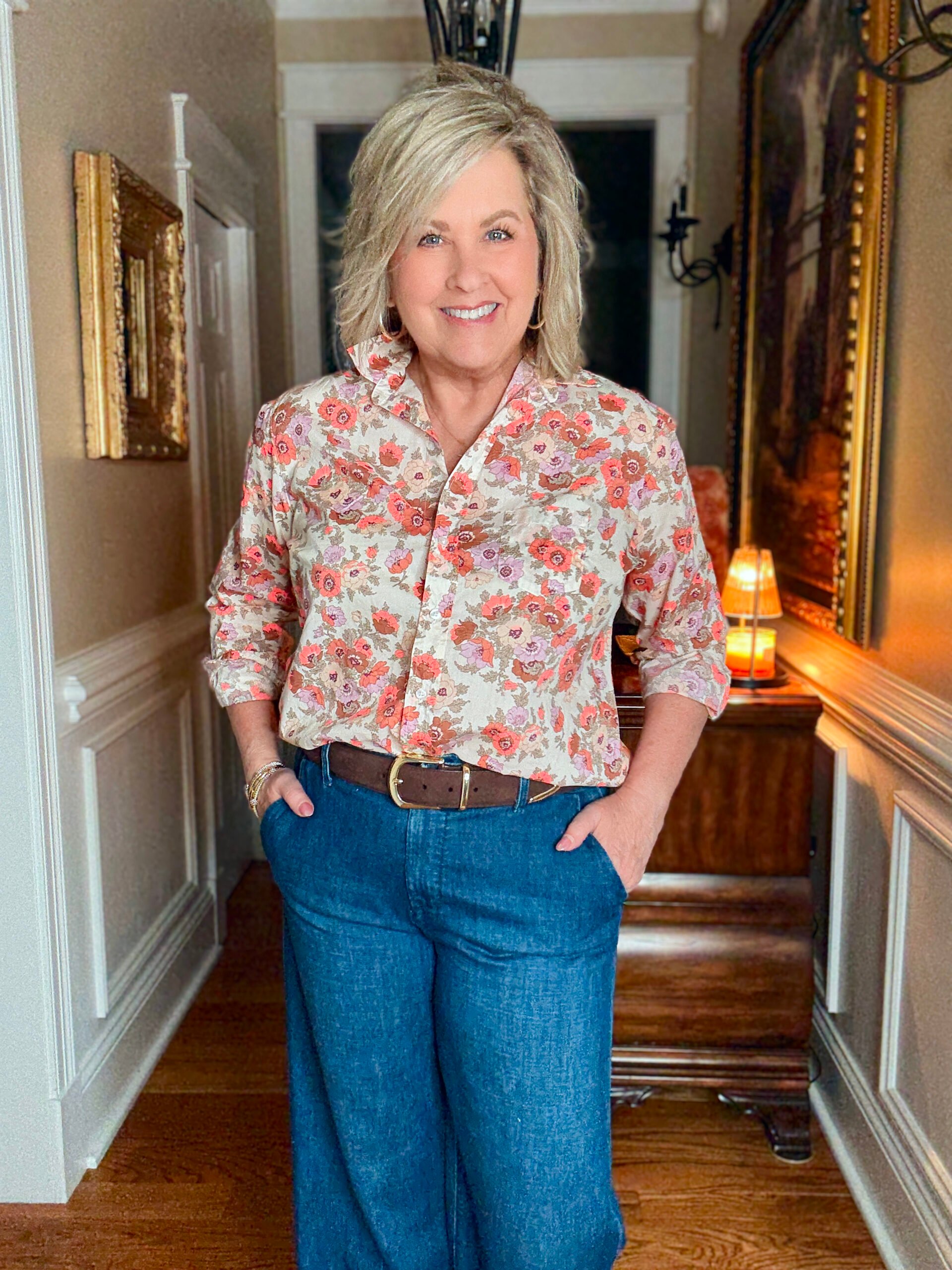 Tania Stephens in a floral button up shirt from Frank & Eileen