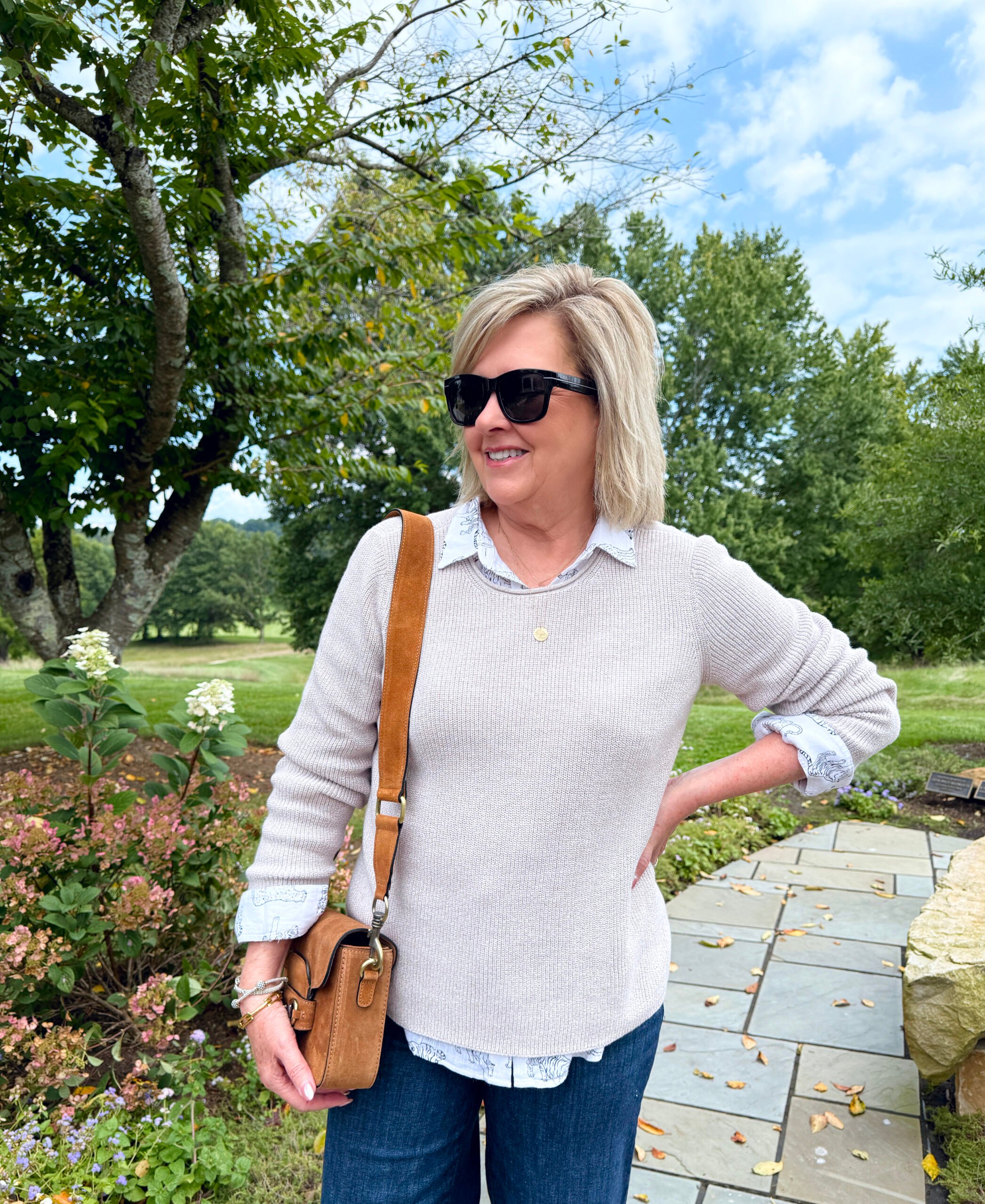 Tania Stephens wearing an Eileen Fisher sweater from Nordstrom Rack
