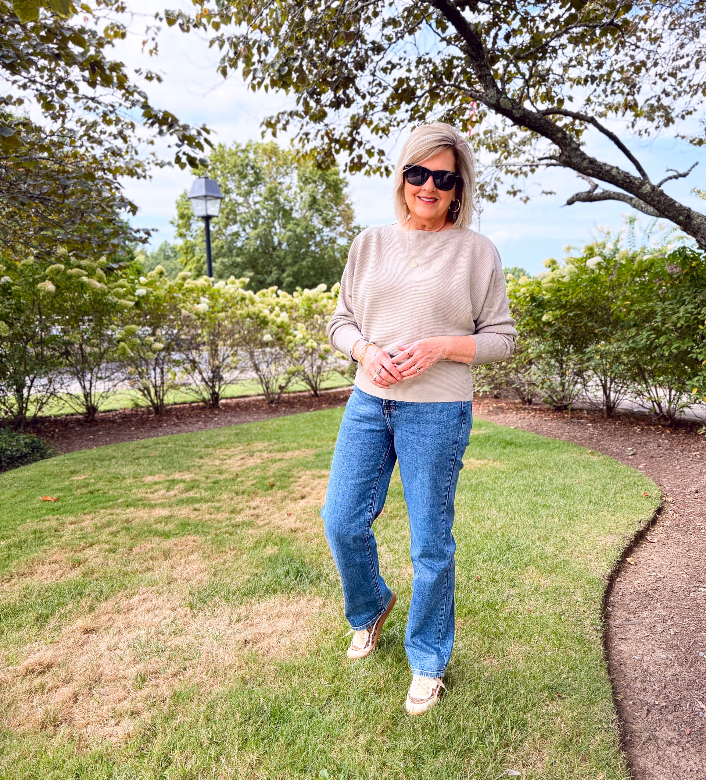Tania Stephens wearing a lightweight sweater and straight leg jeans from Kohl's