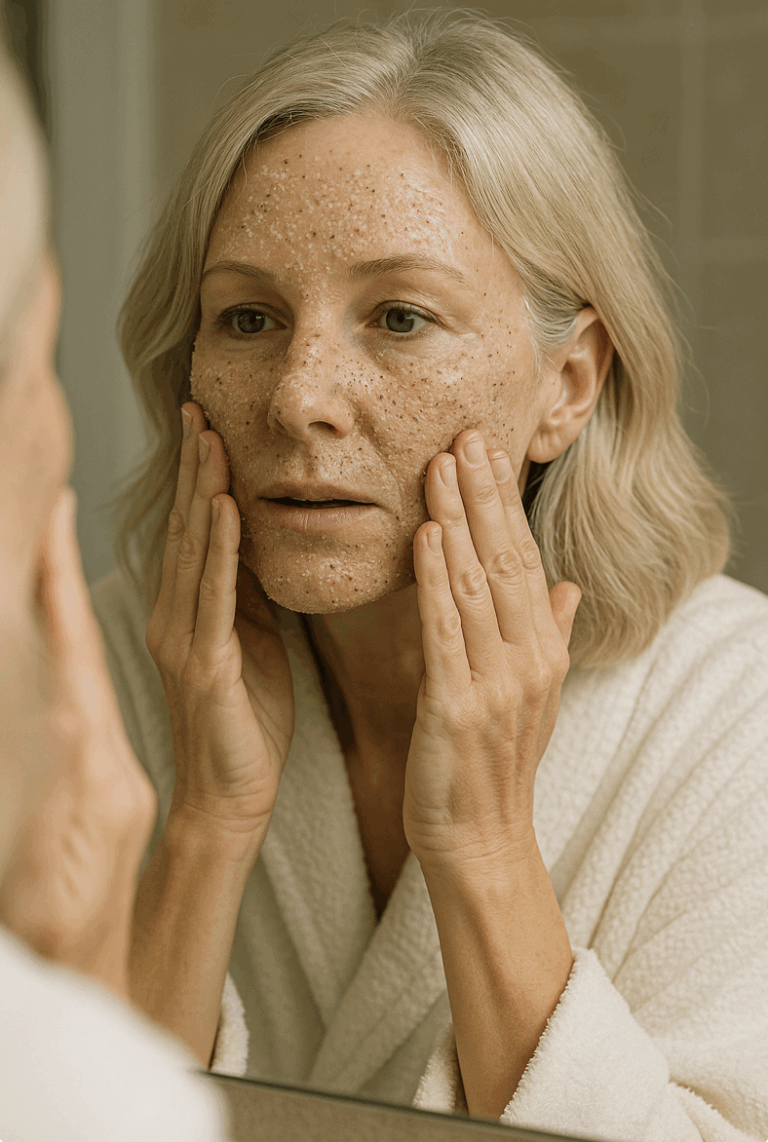 Why exfoliation matters. A woman with a scrub on her face looking in the mirror