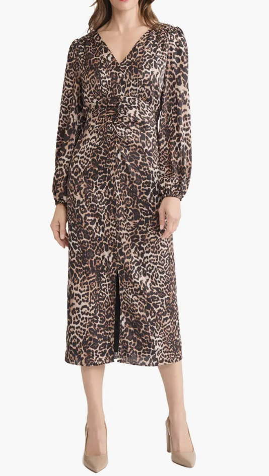fall Leopard Print Long Sleeve Midi Dress