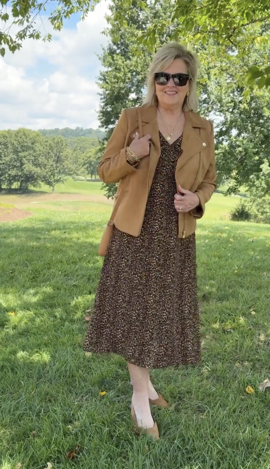 Talbots leopard print dress and faux suede jacket in a gorgeous green location