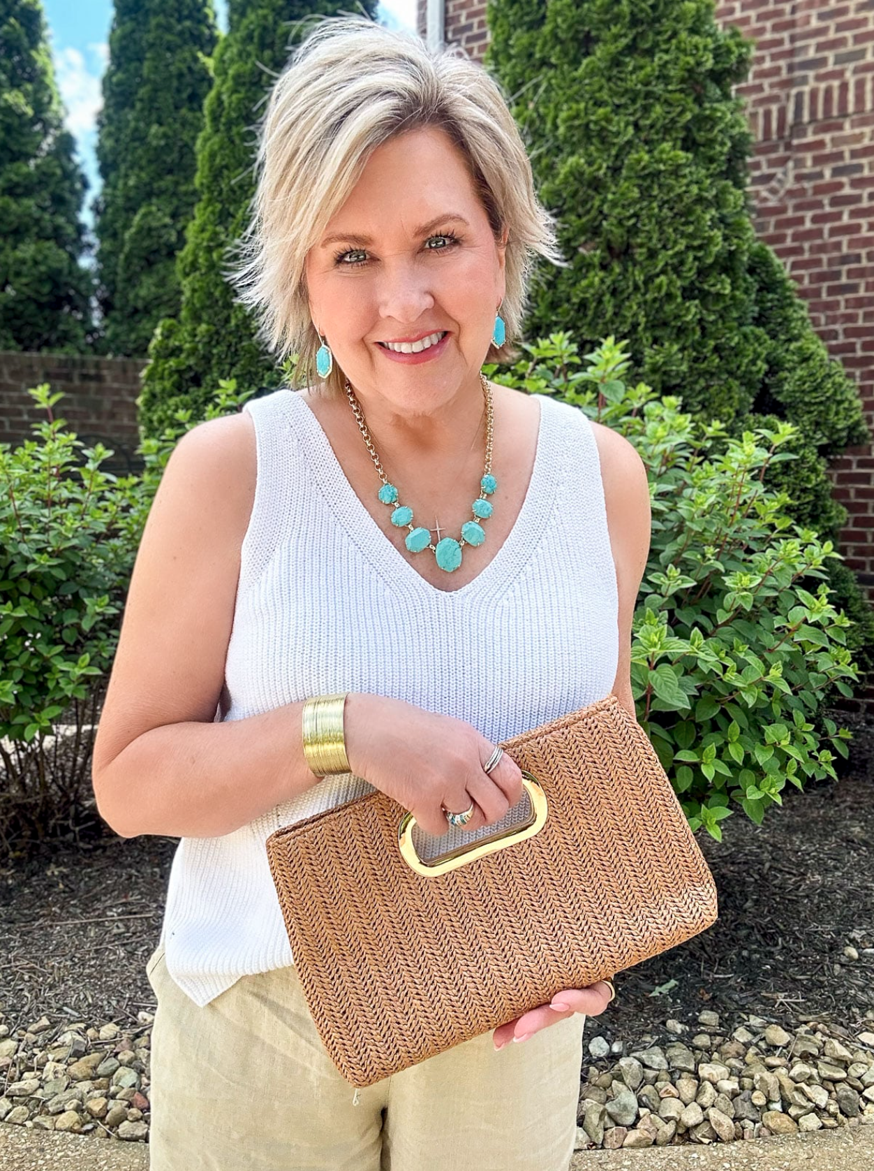 Summer Neutrals with a statement necklace of turquoise