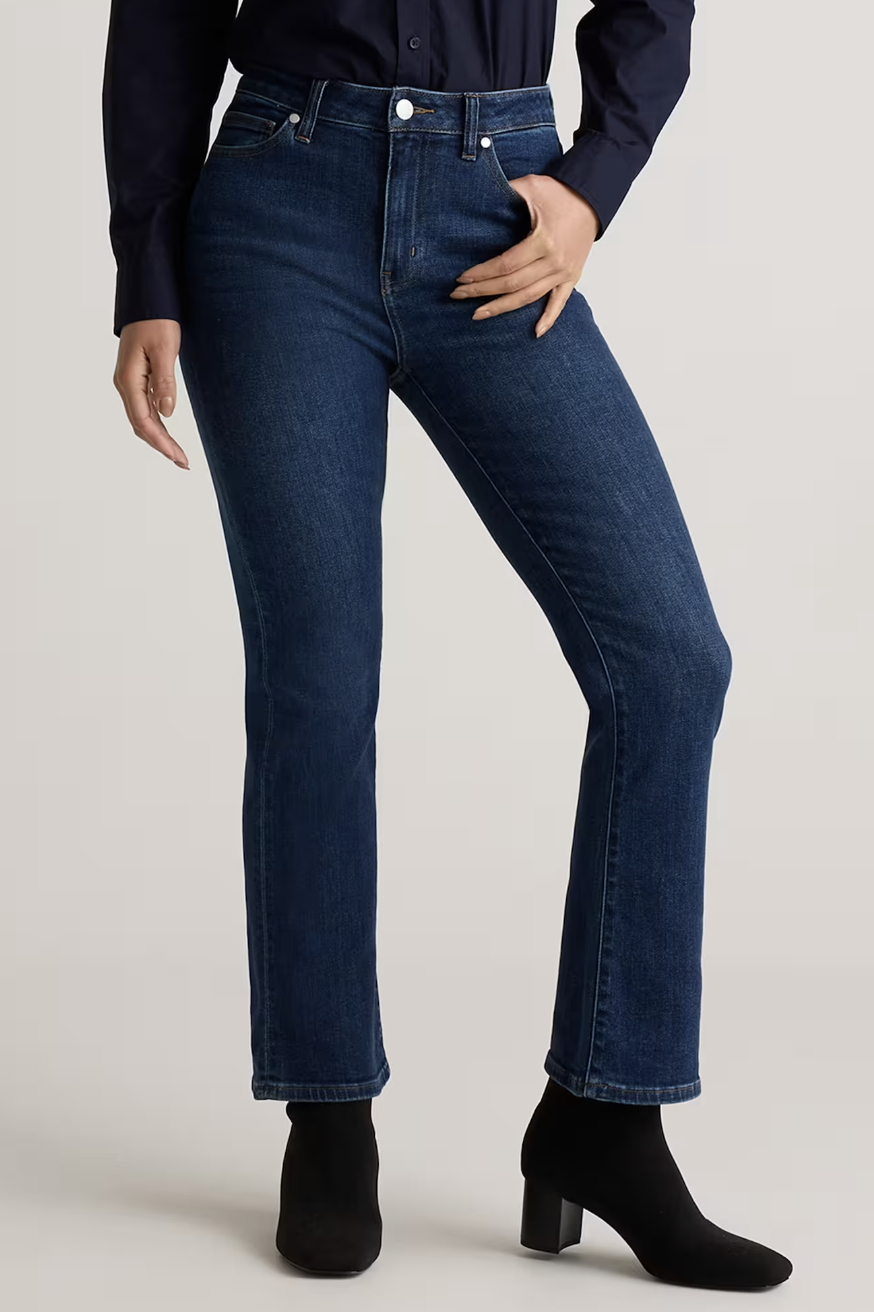 Best Dark Wash Jeans Every Woman Should Own tania stephens 50 is not old fashion blogger Dark indigo cropped kick-flare jeans styled with ankle boots.