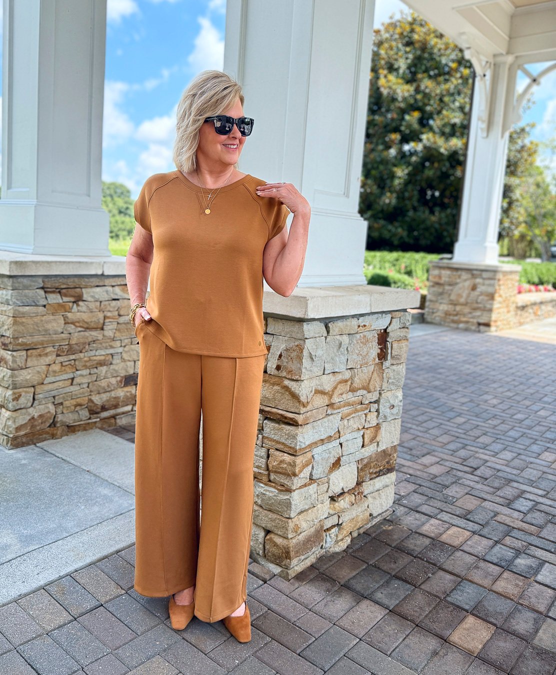 Wide leg AirKnit pants styled with matching tee for polished casual look