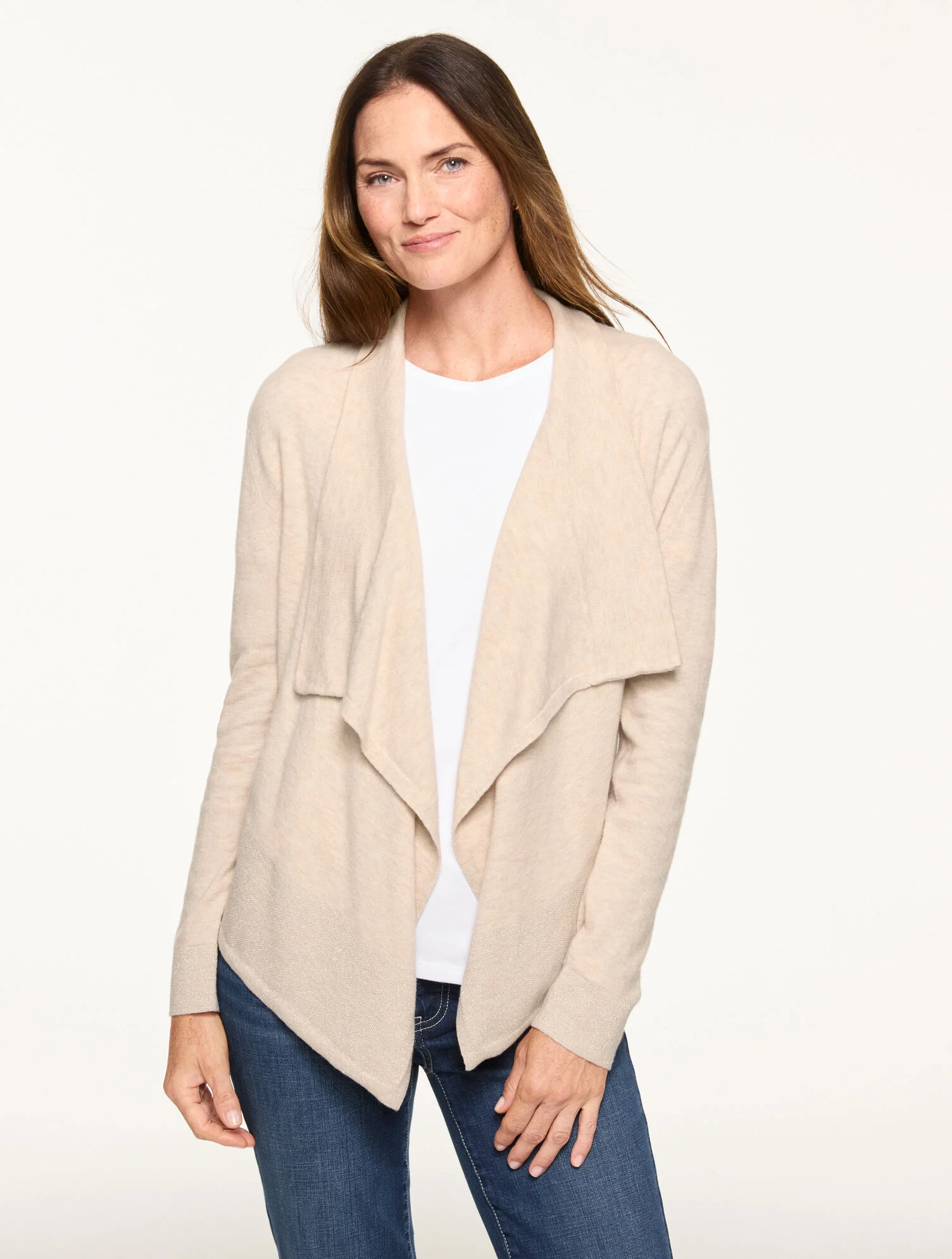 A drapey, flyaway metallic cardigan from Talbots in a soft maple color