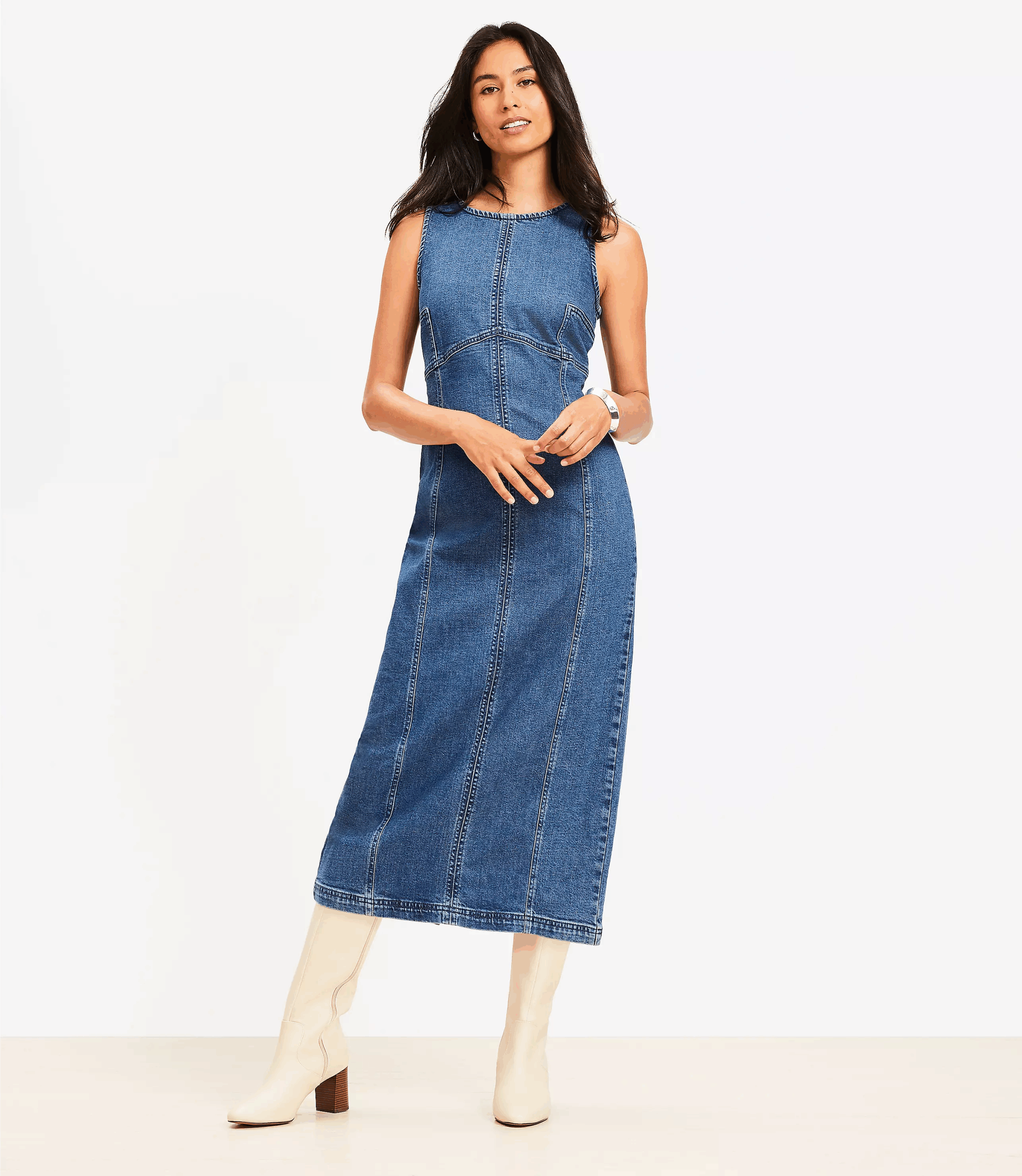 Loft Seamed Denim Midi Dress in Classic Mid Wash
