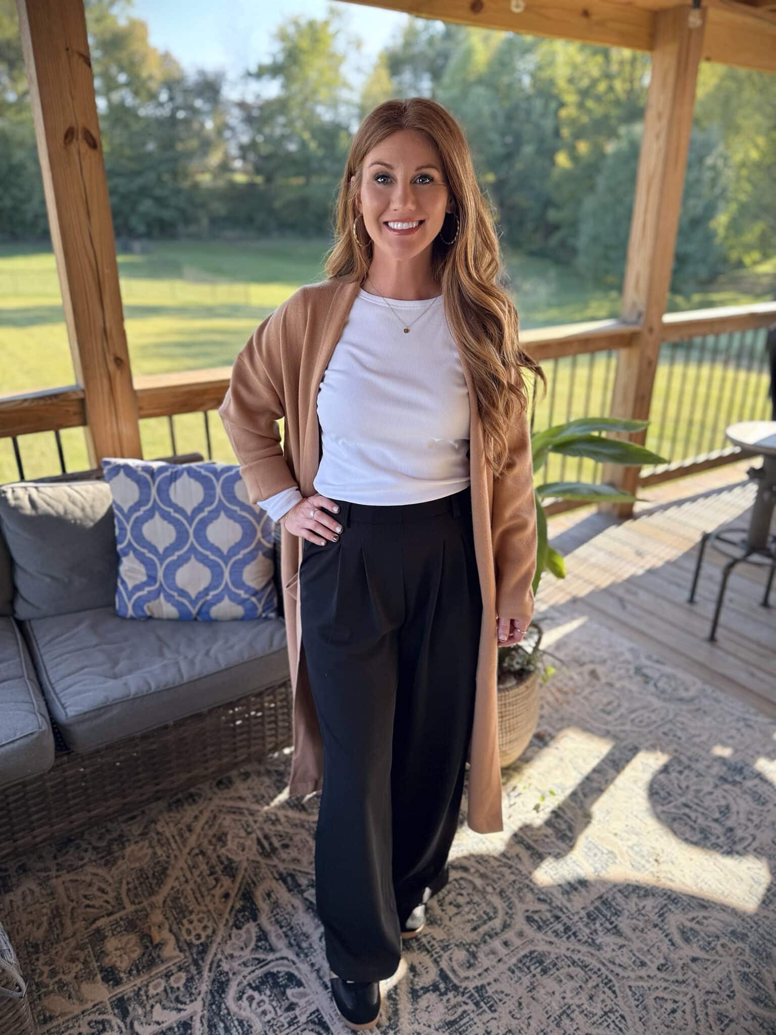 Amazon fall style - camel long duster with black pants by Stephanie