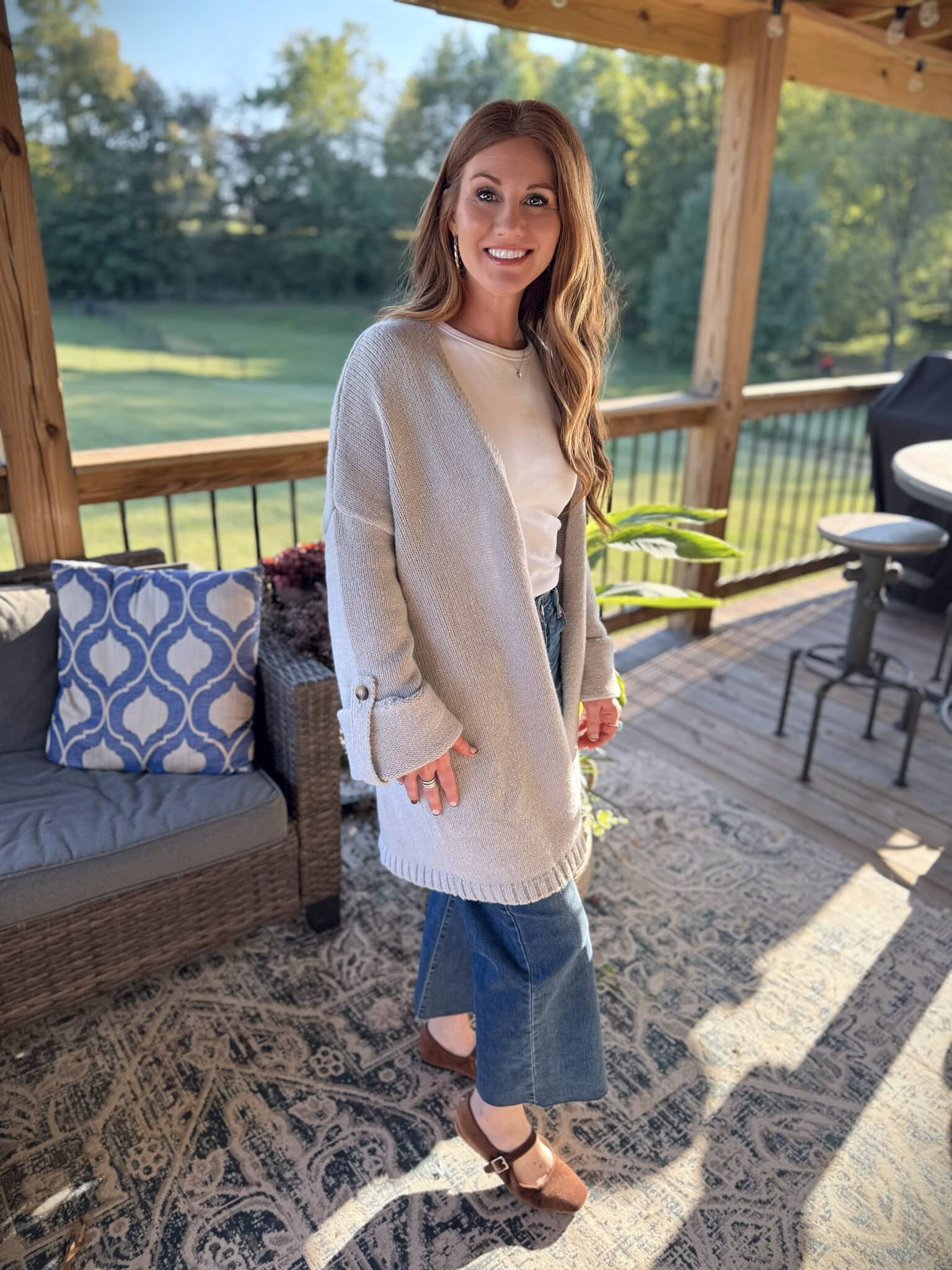 Amazon gray cuffed cardigan with jeans by Stephanie