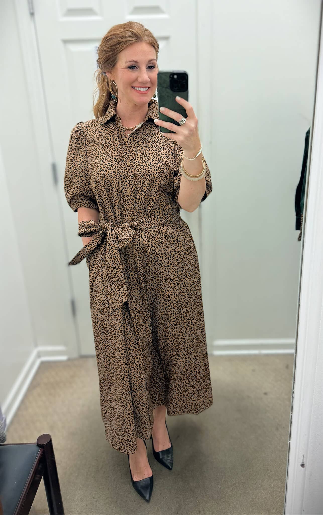 Stephanie wearing a Belk-cheetah-shirtdress