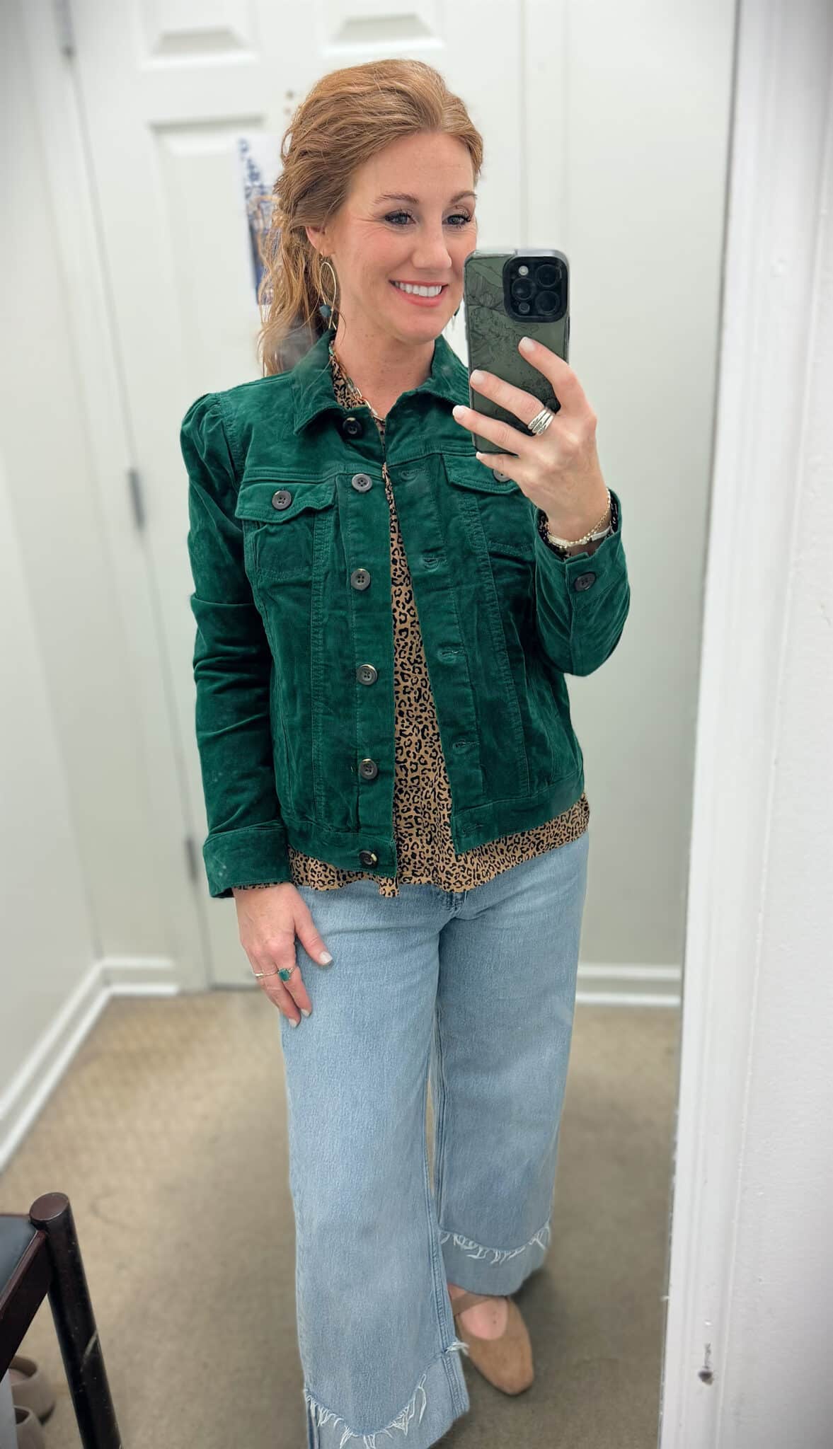 Stephanie wearing a Belk-frayed-cuff-jeans-cheetah-top-and-green-corduroy-jacket