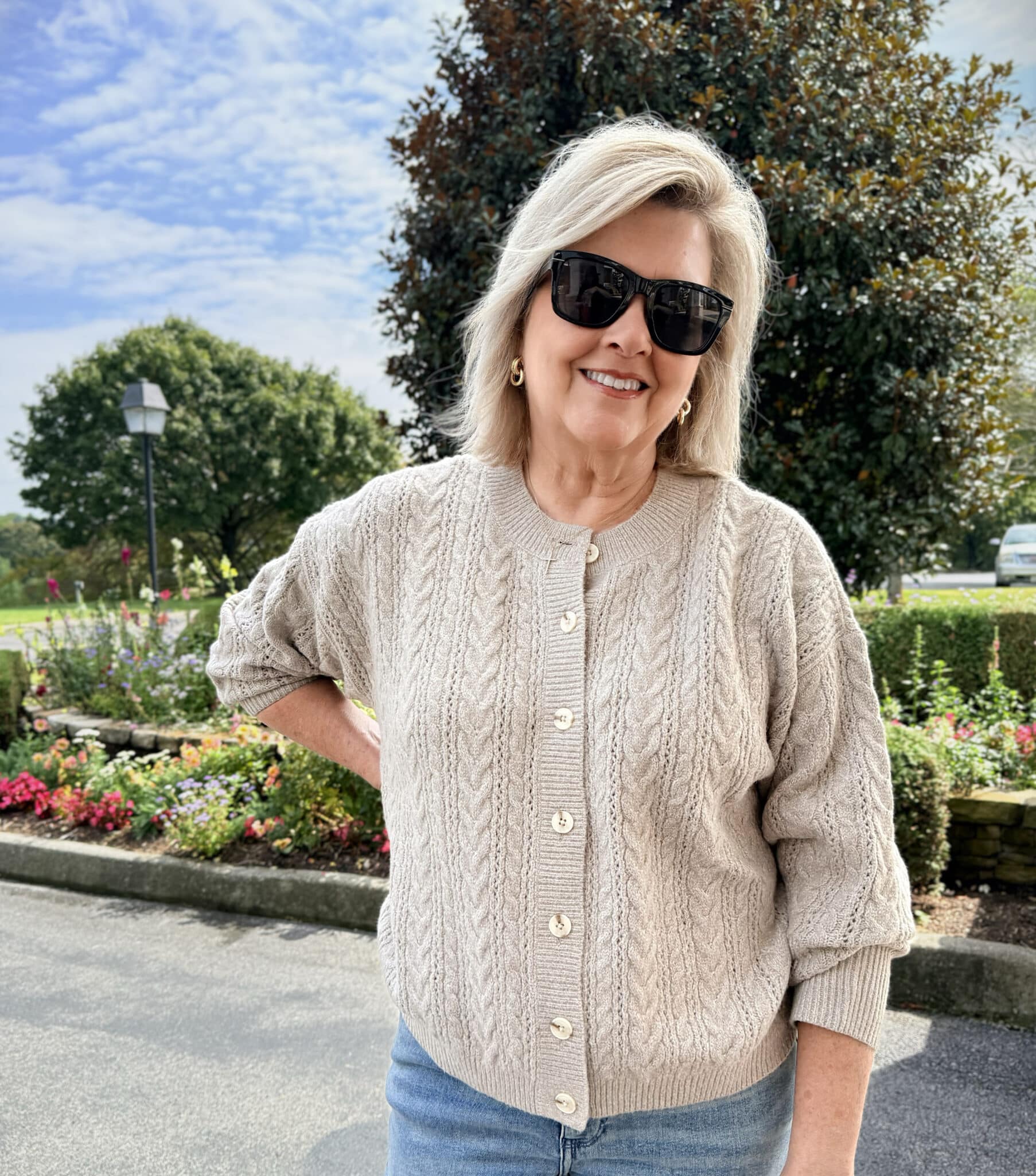 Tania wearing a taupe cable knit cardigan for fall from Kohl's