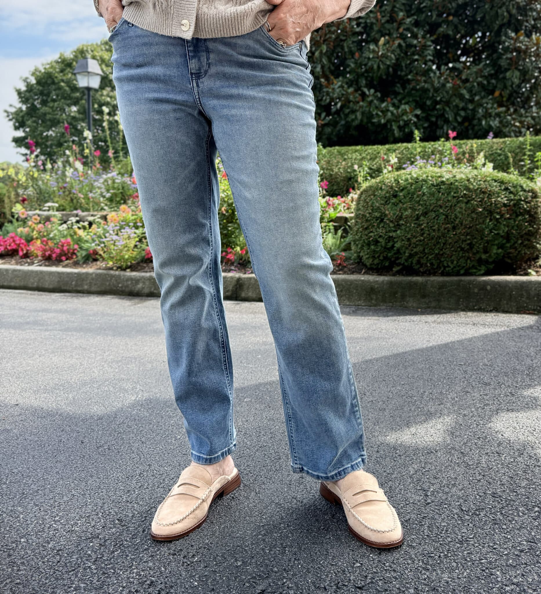 Tania wearing straight leg jeans and loafers for fall from Kohl's