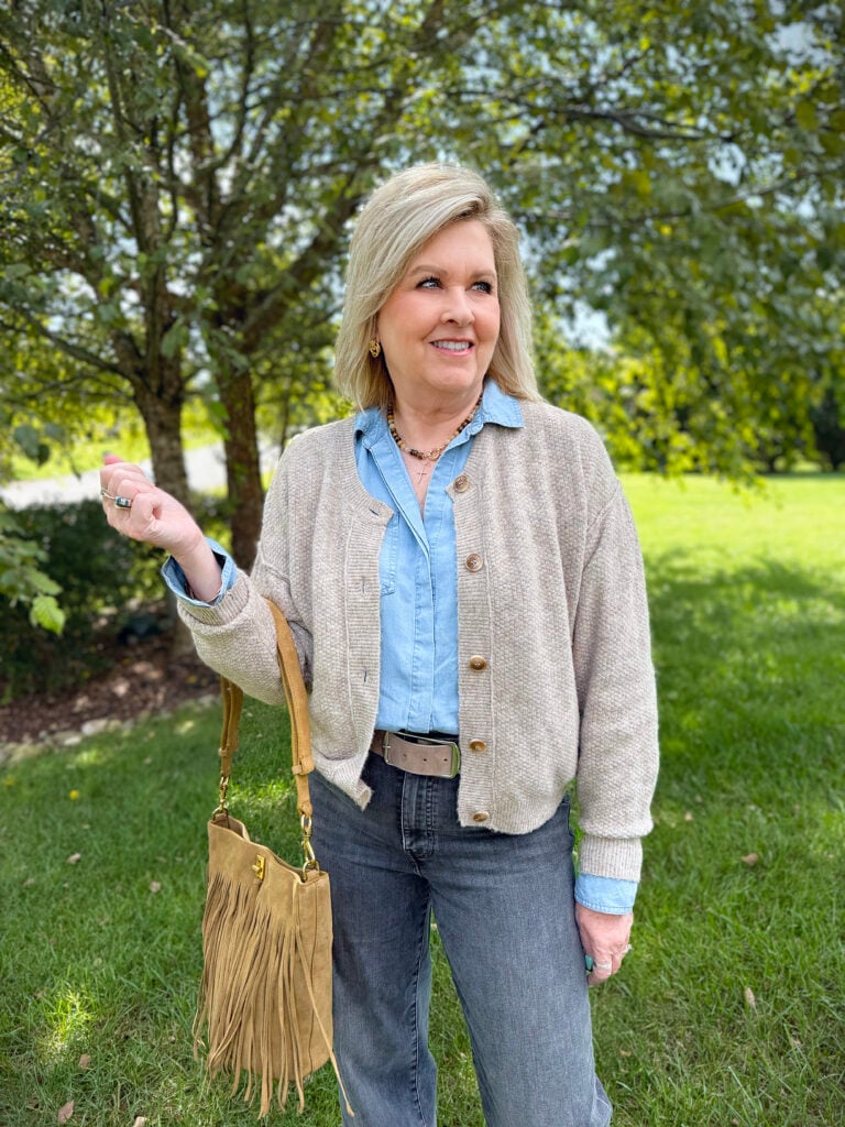 Tania wearing a chambray shirt and a brown cardigan from Nordstrom Rack