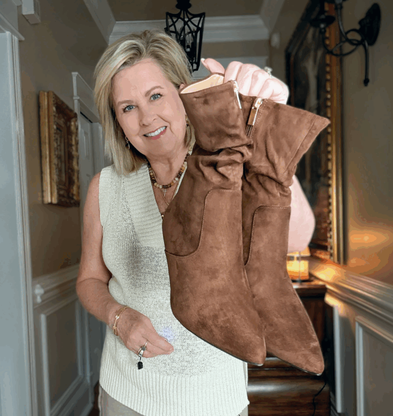 Tania holding scrunchy boots from Amazon