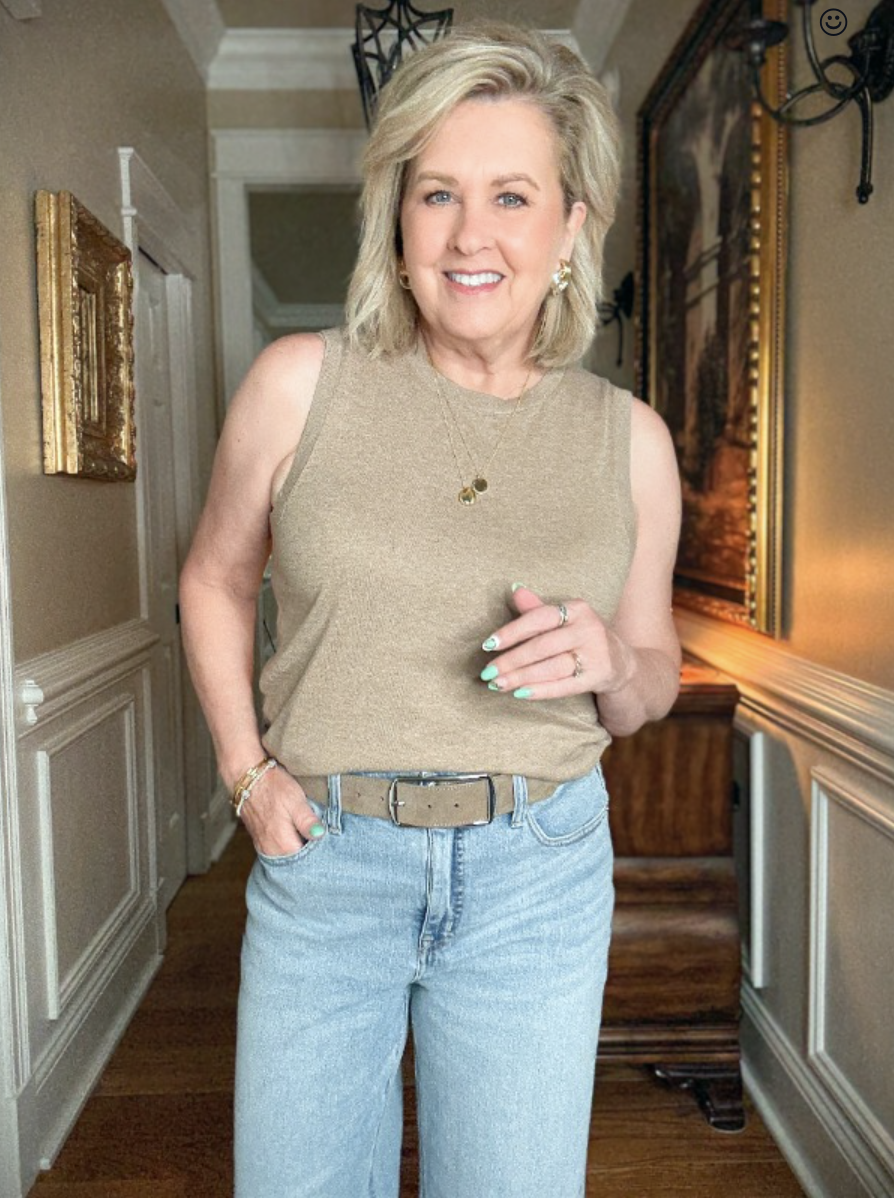 Tania Stephens in a hallway wearing a beige shell from J.Crew Factory