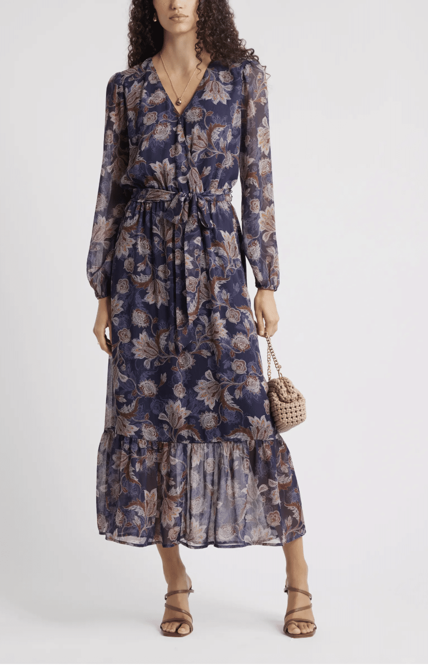 Long Sleeve Faux Wrap Dress