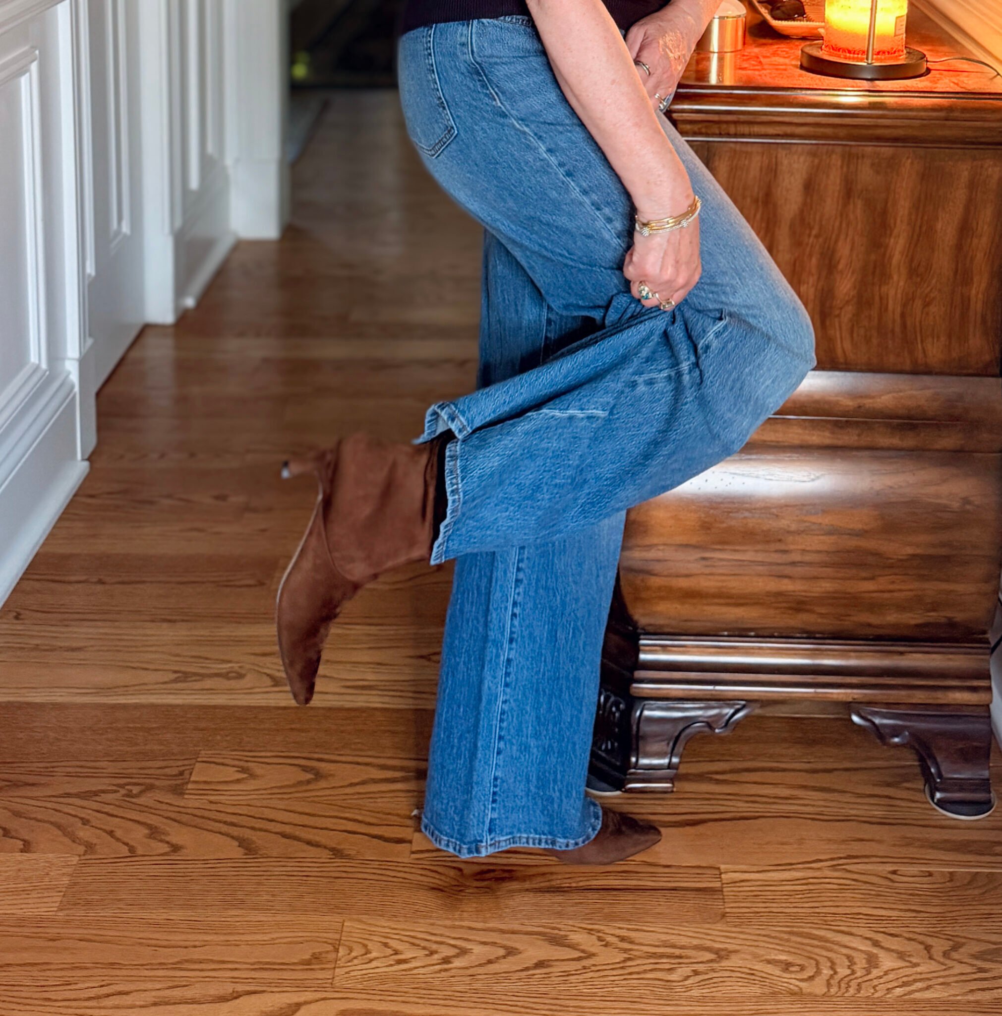 Tania wearing Walmart brown scrunch booties