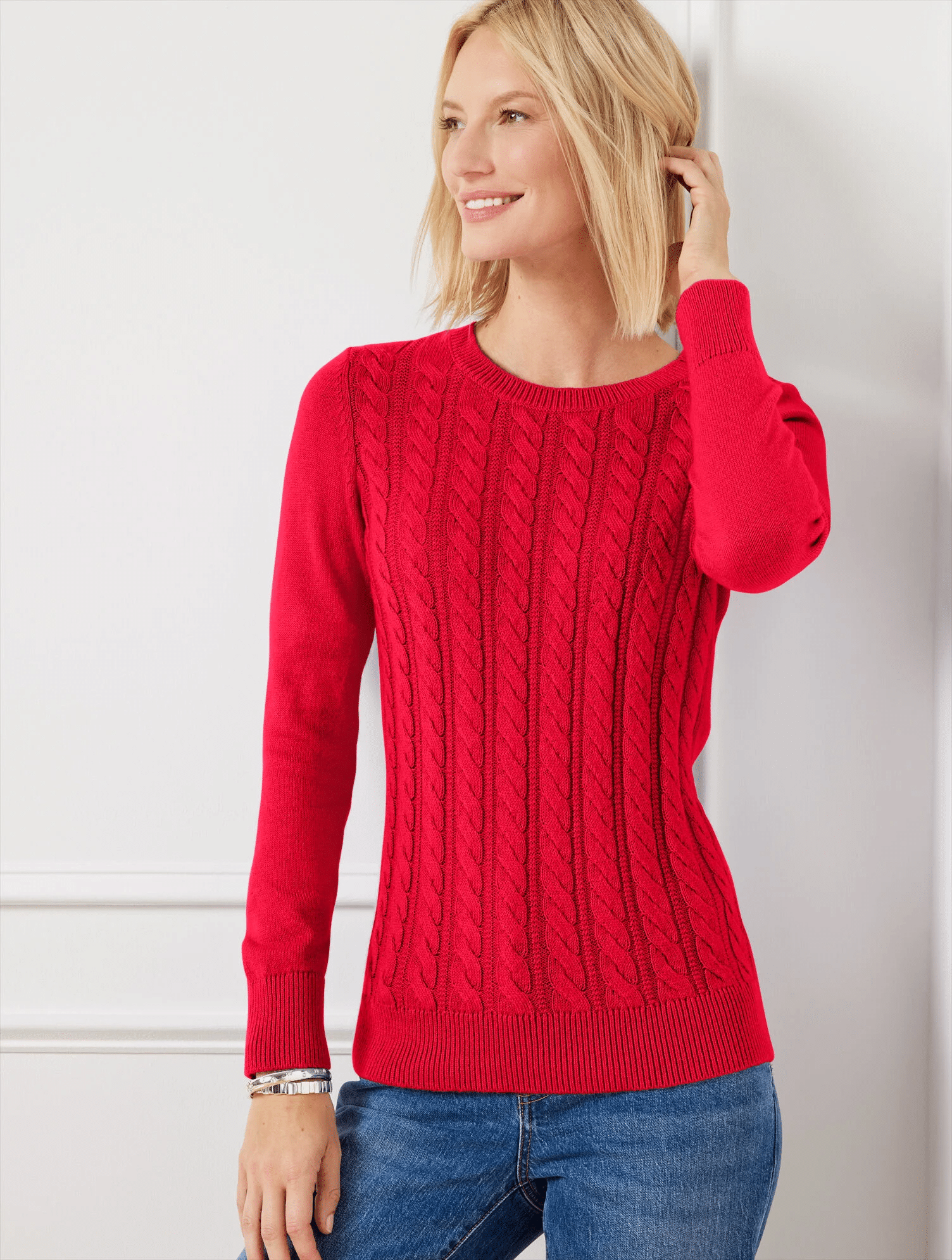 Timeless Cable Knit Sweaters for Women That Never Go Out of Style talbots 50 is not old tania stephens fashion blogger red
