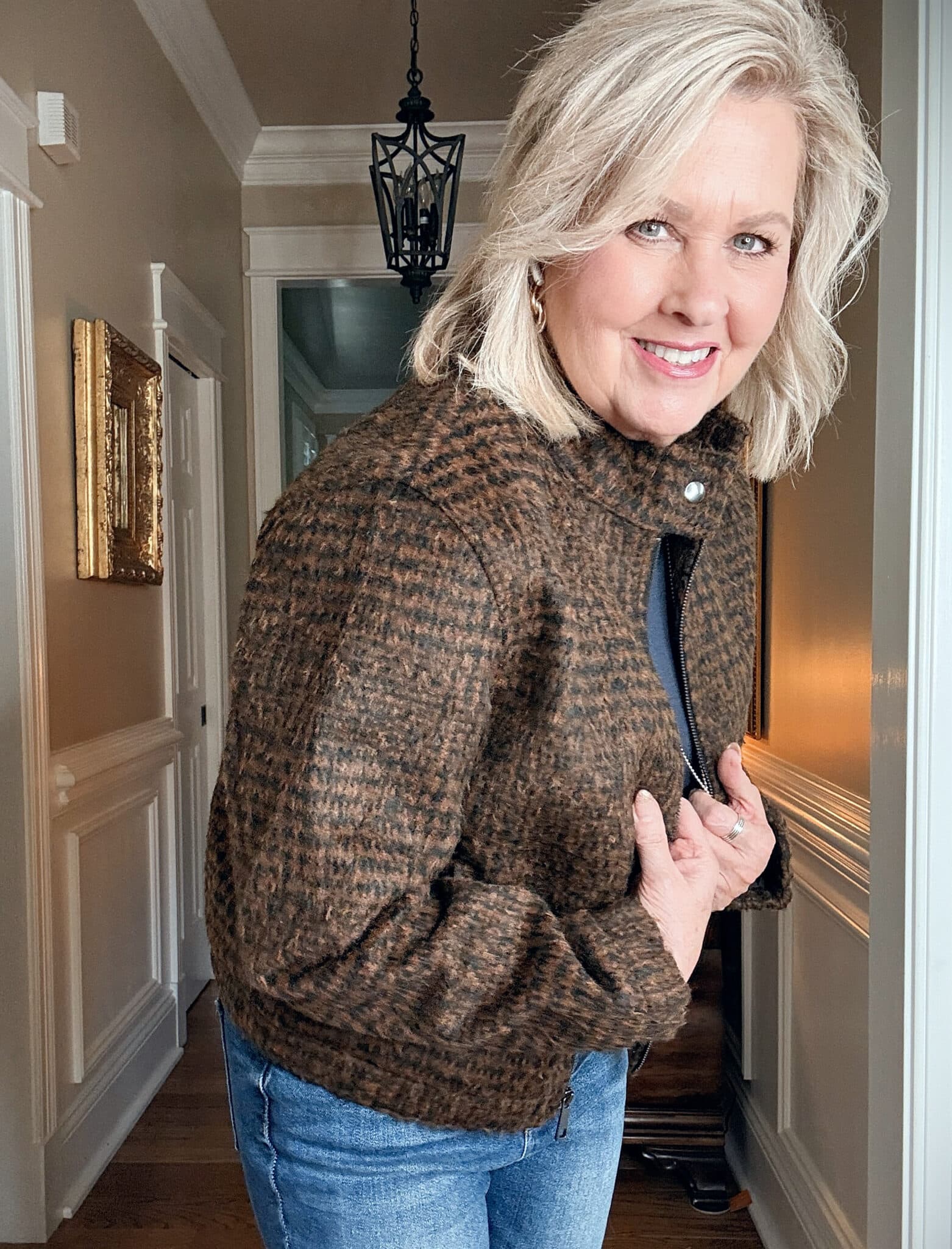 Close up of Walmart Herringbone Plaid Bomber jacket