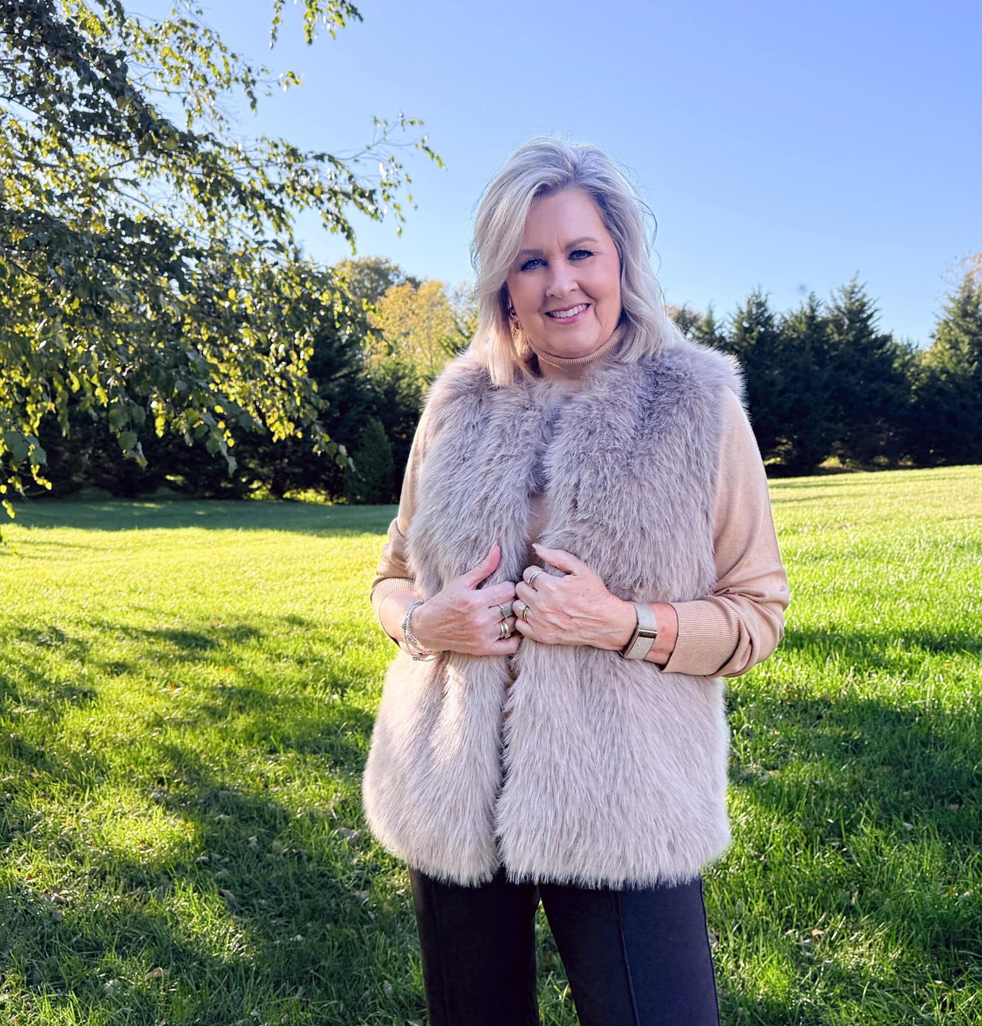 Tania wearing a Kohl's faux fur vest