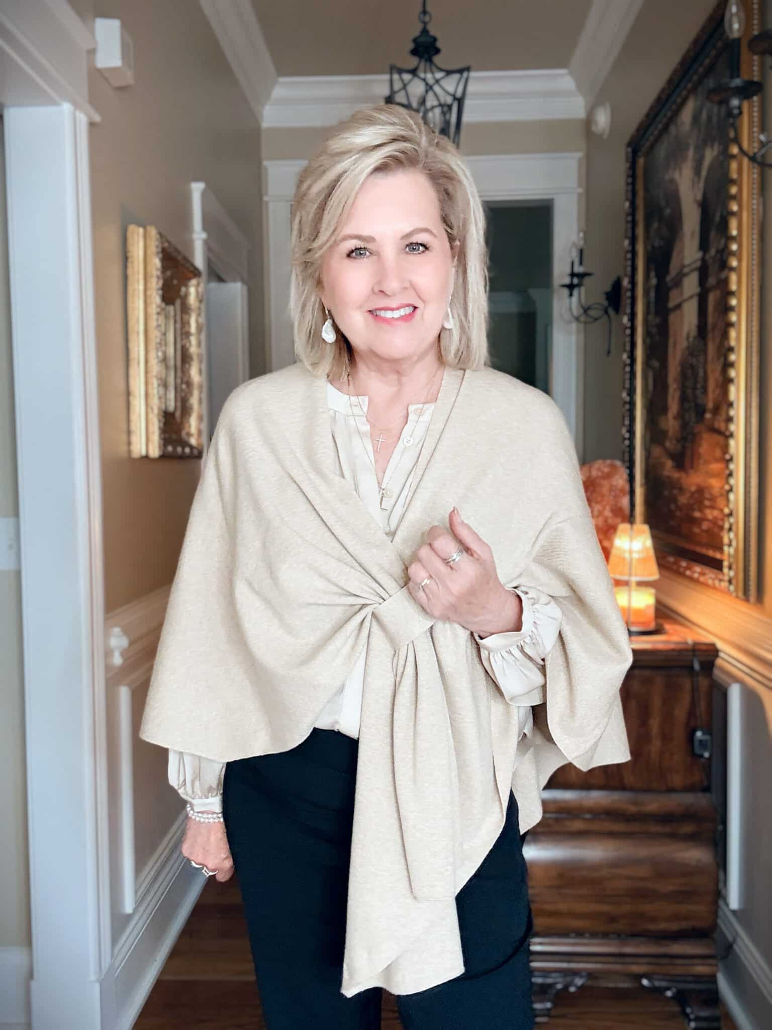 Tania wearing a chic shawl wrap from Amazon