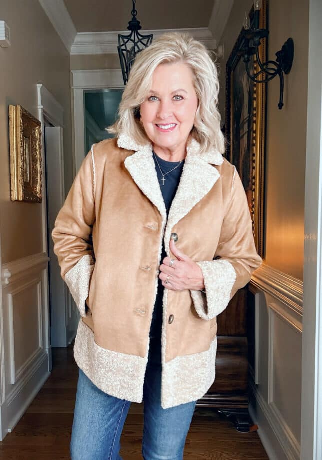 Tania is wearing a J.Jill Faux-Suede Sherpa Jacket