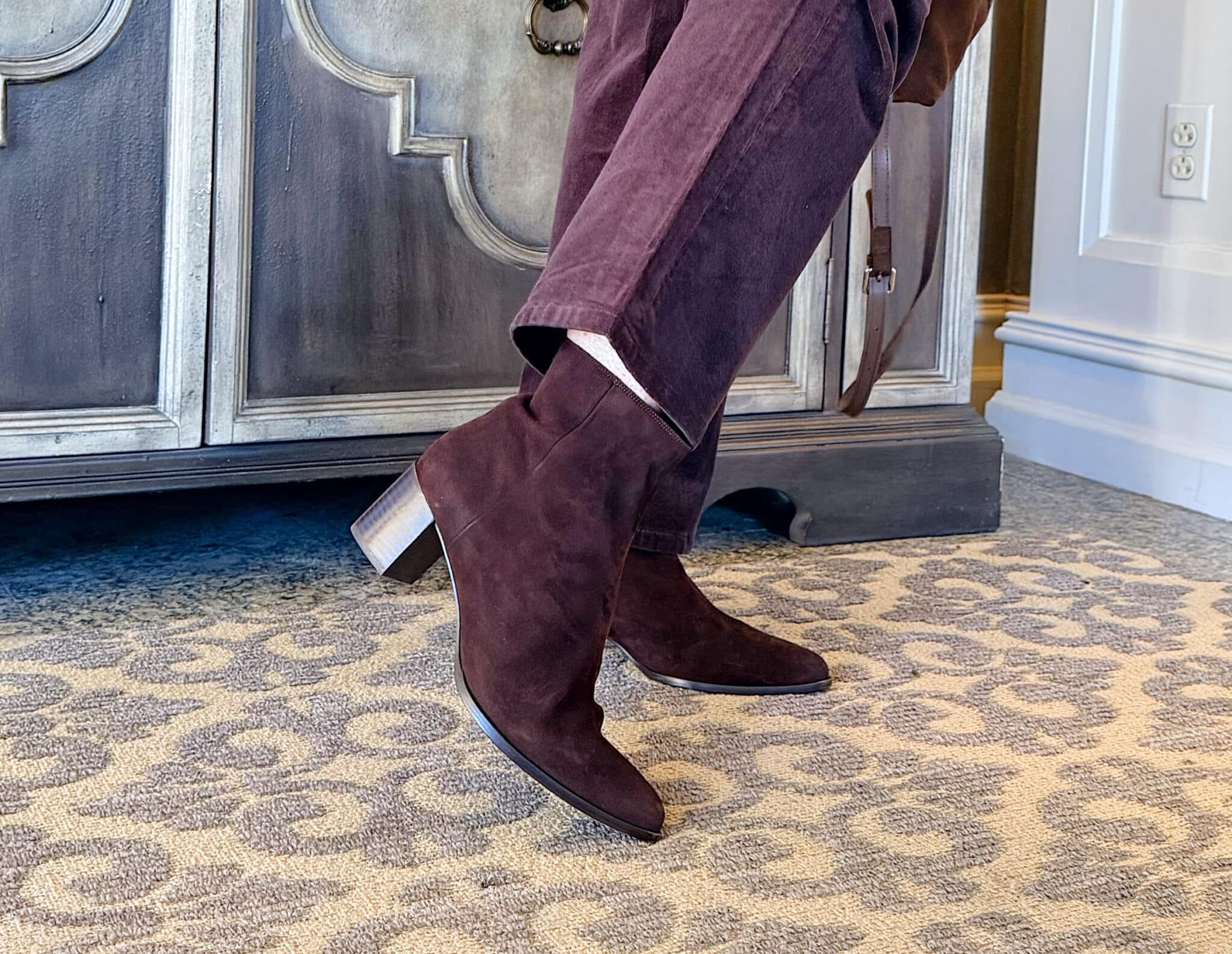 Tania wearing chocolate brown boots from Margeaux