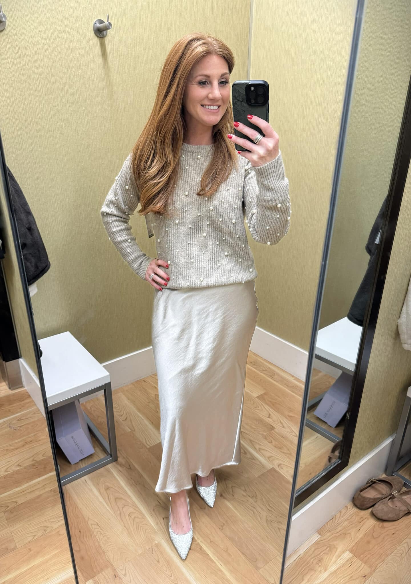 LC Lauren Conrad Midi Slip Skirt and a pearl embellished sweater