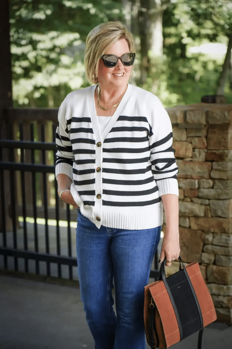 Tania wearing a striped Amazon sweater
