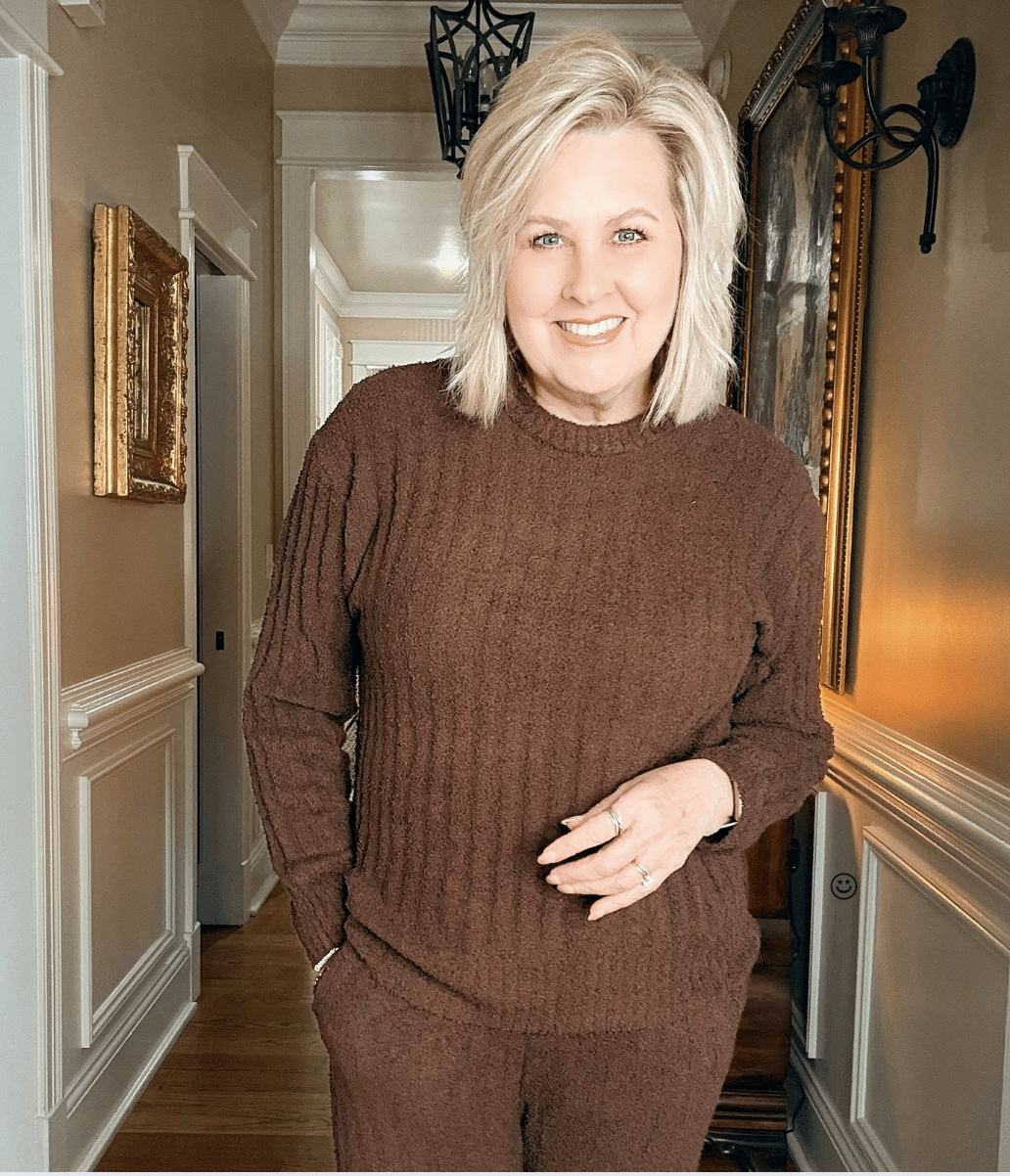Tania wearing a soft and cozy ribbed lounge top
