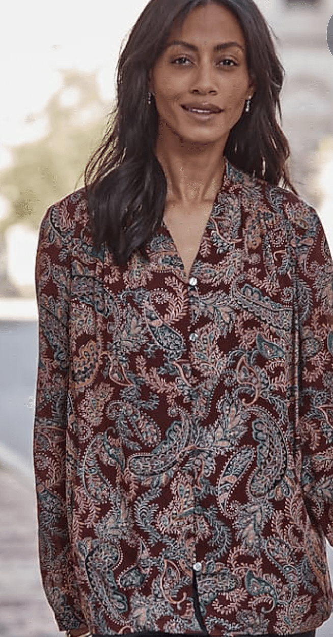 Printed fall blouse with shirred details, styled for mature women