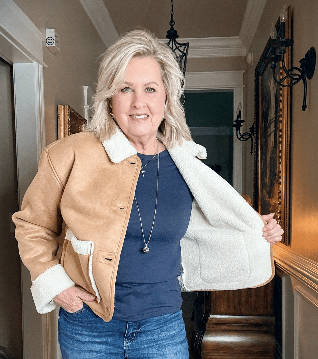 Walmart Faux suede and faux shearling jacket with jeans
