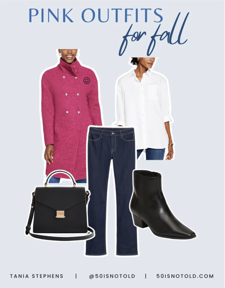 A FALL OUTFIT WITH DEEP PINK BERRY MAGENTA COAT STYLED FOR WOMEN OVER 50