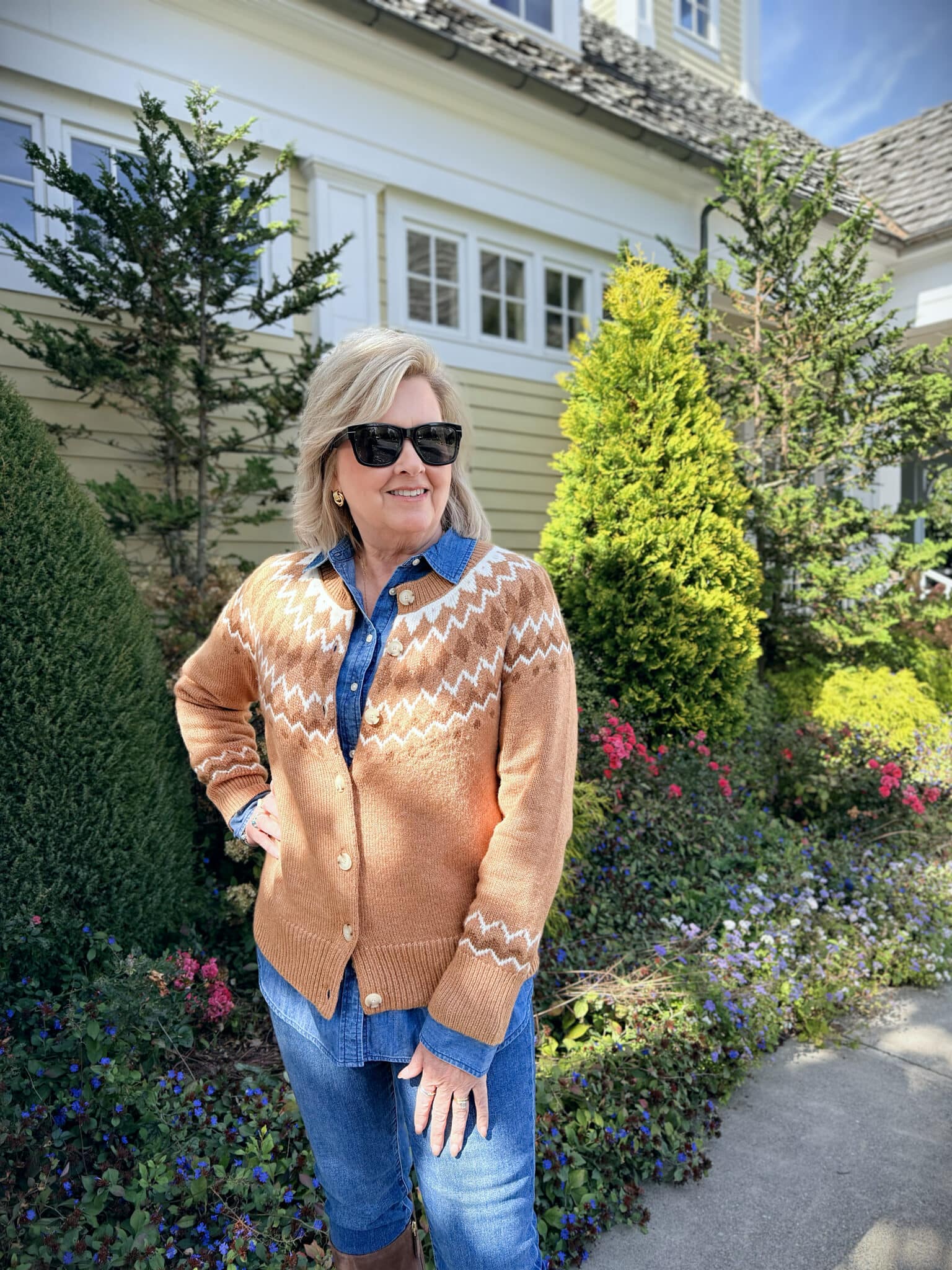 Tania wearing a Fair Isle Talbots camel sweater and denim shirt