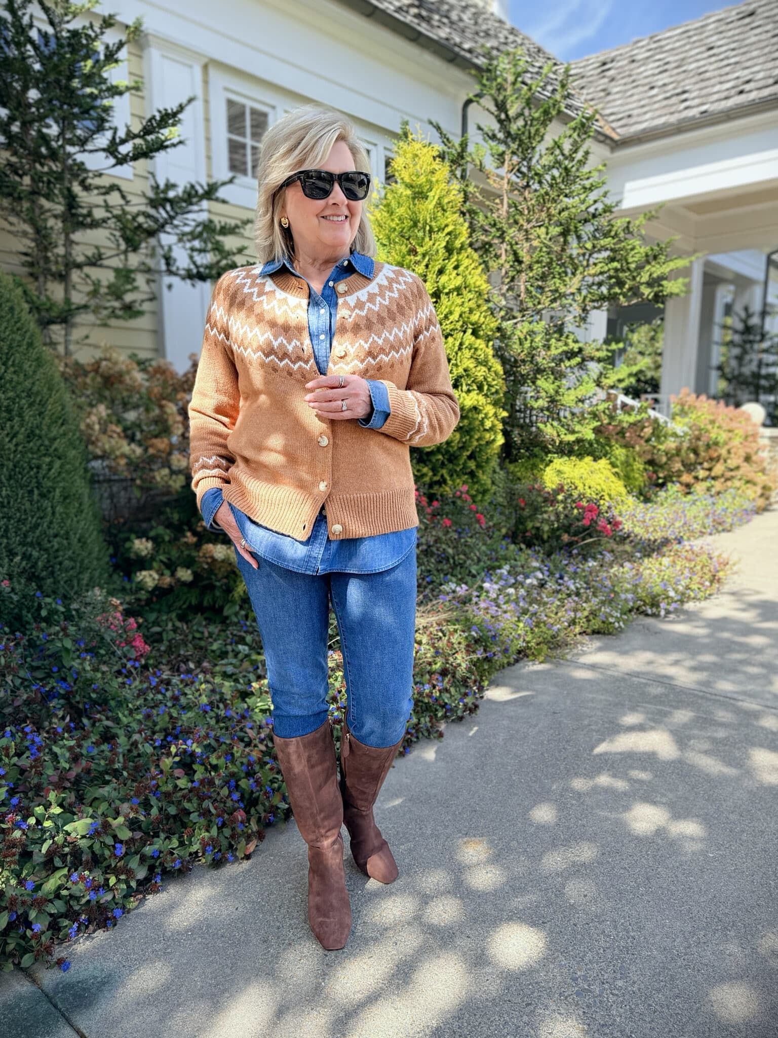 Tania wearing a Talbots camel sweater, slim jeans, and chocolate boots for fall