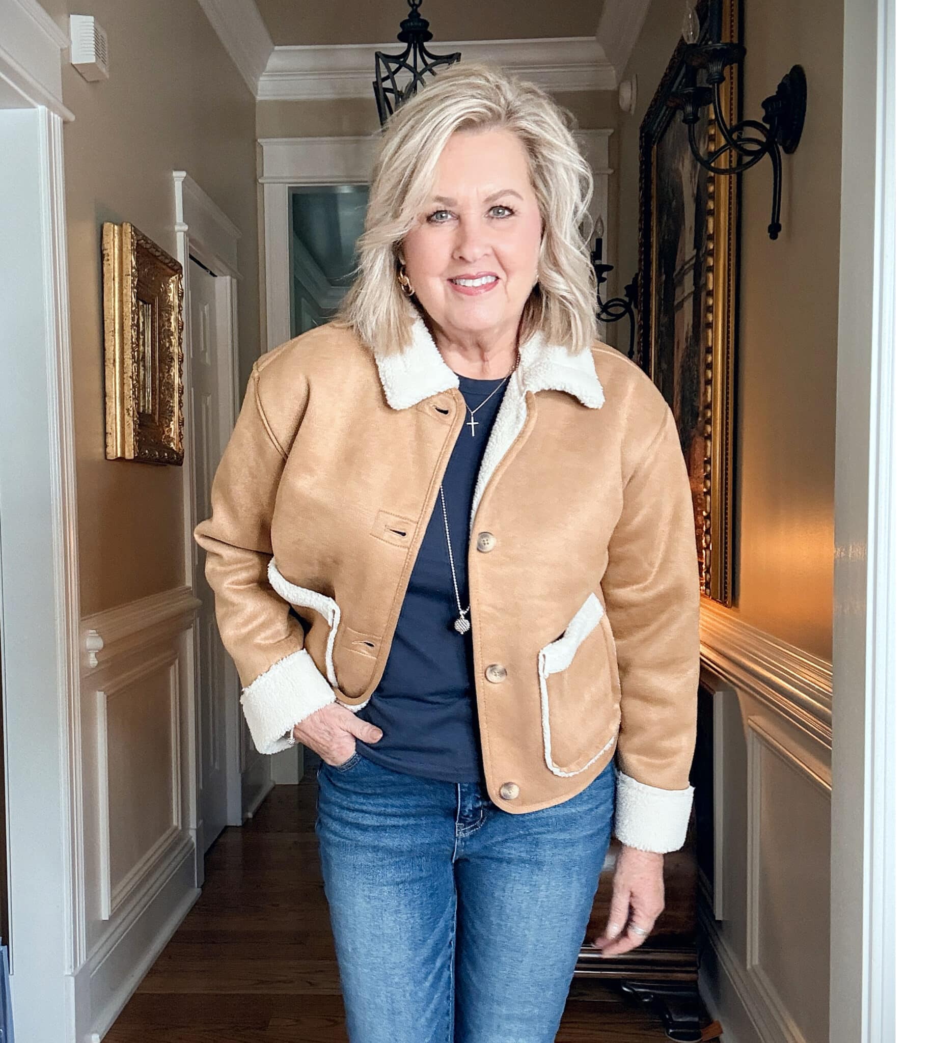 Walmart Faux suede and shearling jacket with jeans