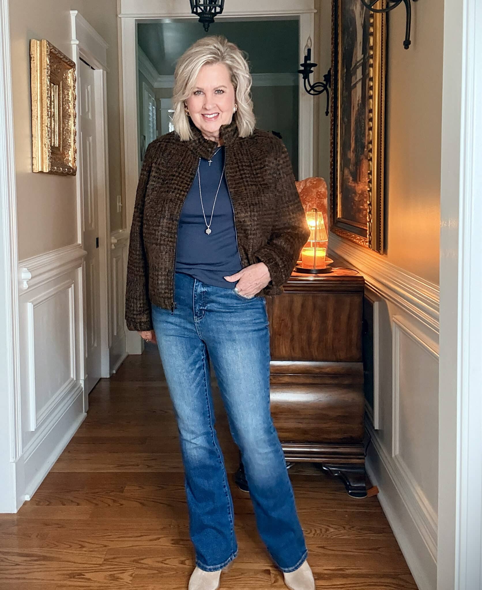 Walmart Herringbone Plaid Bomber jacket with a navy tee and jeans