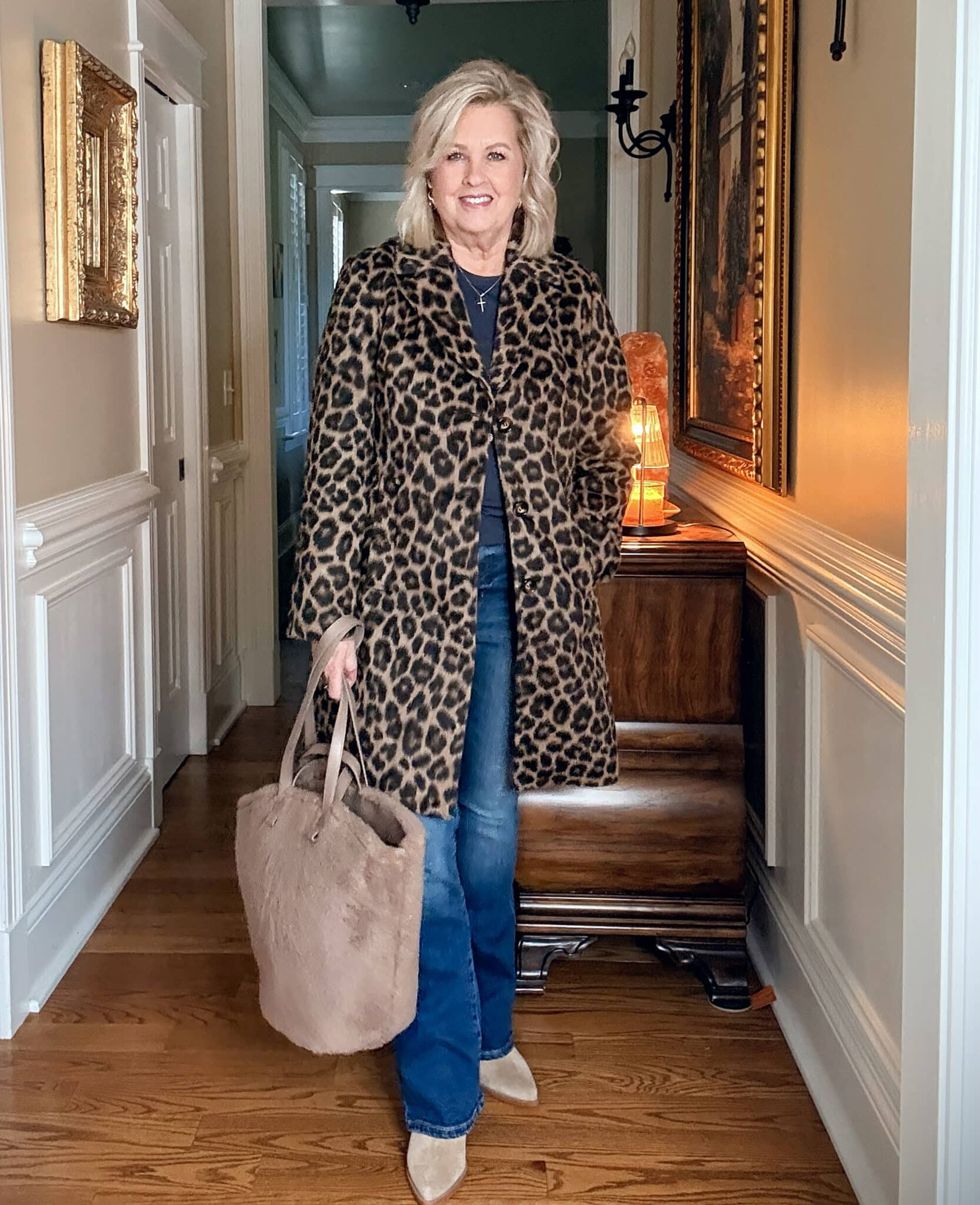 Walmart Leopard Print long coat with jeans and a faux shearling tote