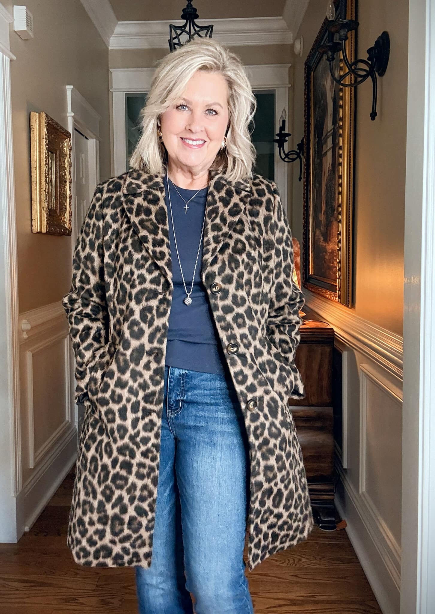 Walmart Leopard Print long coat with jeans and a navy tee