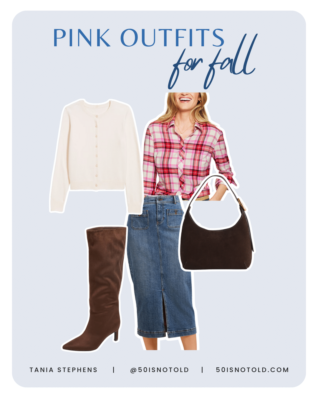 A FALL OUTFIT MADE OF A PINK PLAID SHIRT STYLED WITH A DENIM SKIRT, SWEATER, AND KNEE HIGH SUEDE BOOT FOR WOMEN OVER 50