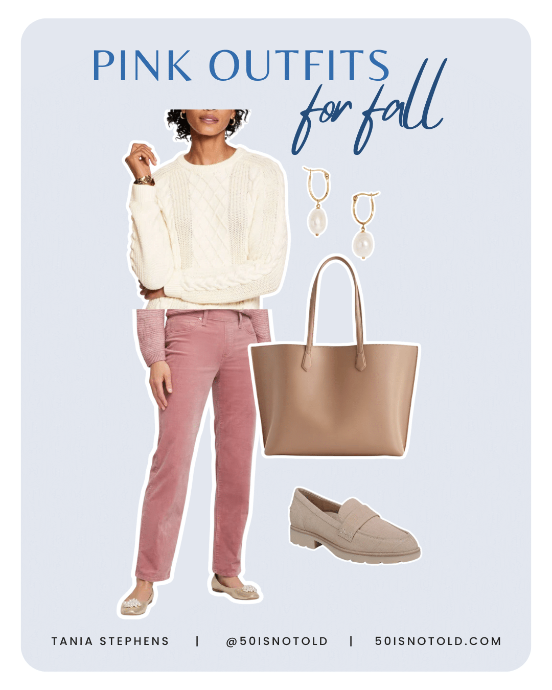 A FALL OUTFIT FOR WOMEN OVER 50 SHOWING HOW TO STYLE PINK