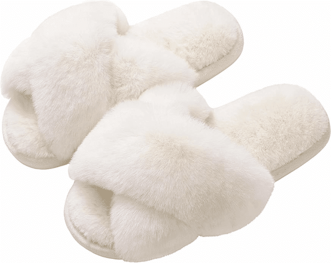 Plush fuzzy cross-band slippers with memory foam soles, cozy open-toe house shoes for comfort at home.
