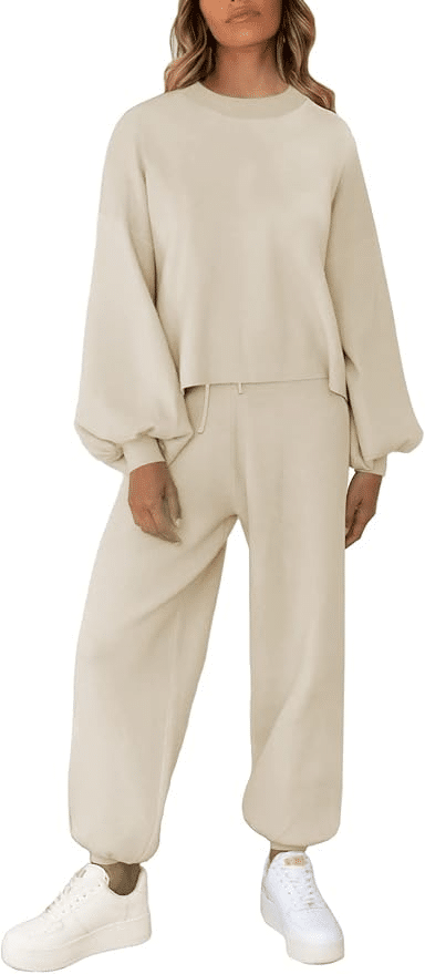 Knit two-piece loungewear set in neutral tones, ideal for cozy nights at home or relaxing weekends.