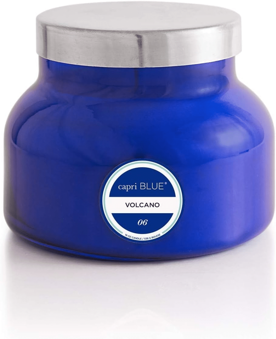 Capri Blue Volcano candle in glass jar creating a cozy and inviting home scent.